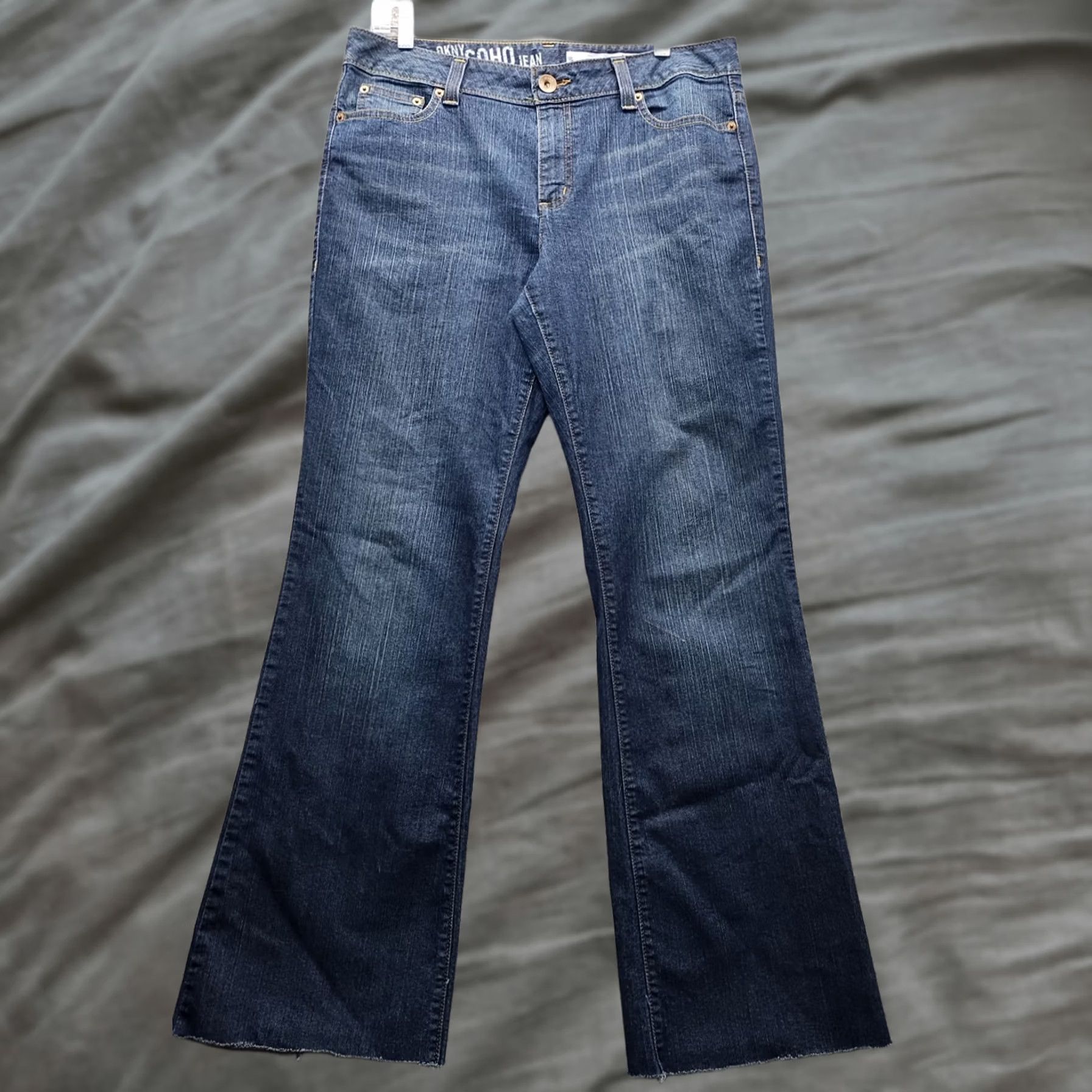 DKNY DKNY SOHO Bootcut Jeans Womens 12 Blue Denim Stretch Boho Frayed Hem Medium Wash Jeans Size 34" / US 12 / IT 48 - 1 Thumbnail