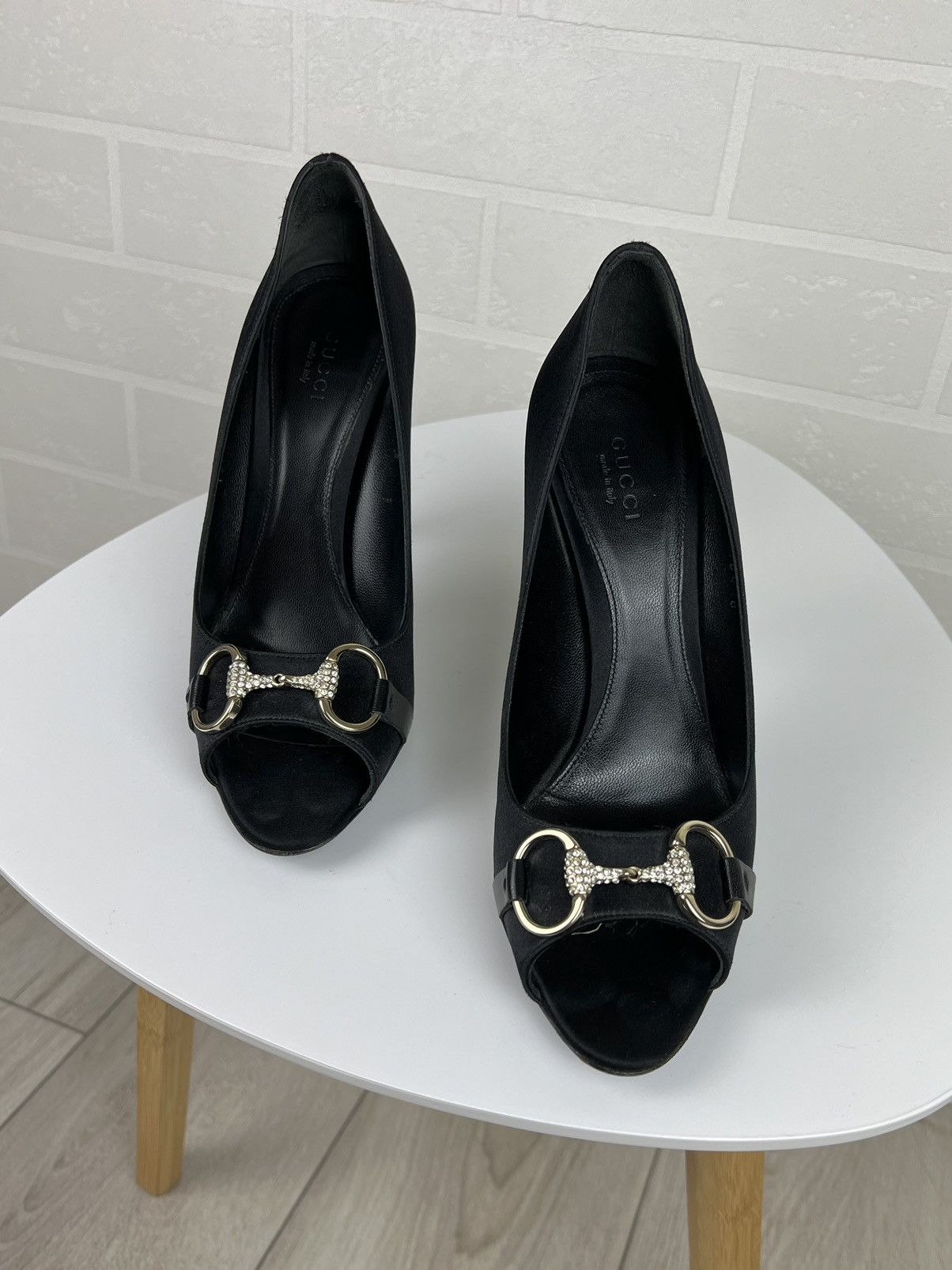Gucci GUCCI Heels Satin Shoes Rhinestone Crystal Horsebit Peep Toe Size US 8.5 / IT 38.5 - 6 Thumbnail