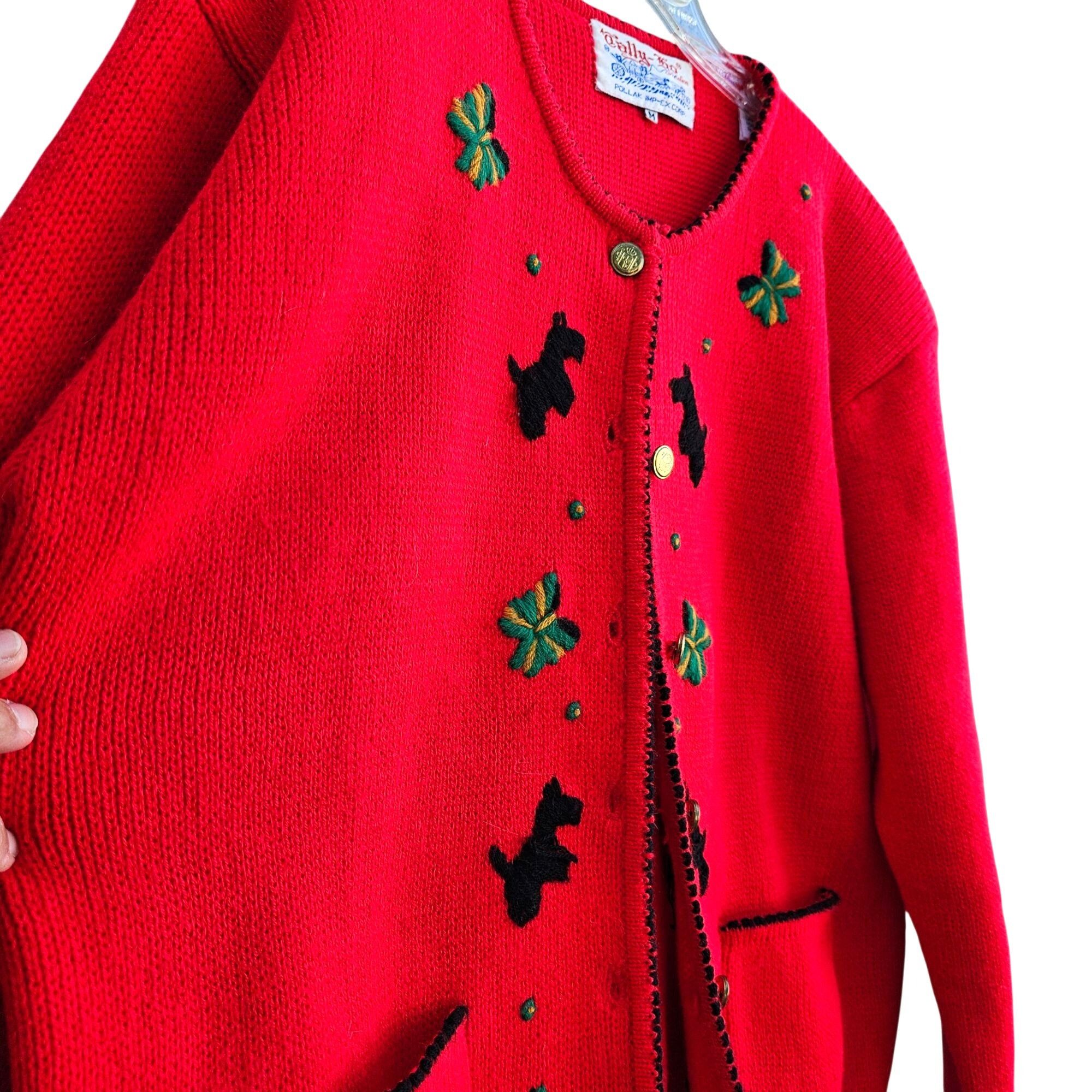 Vintage 80s Scottie Dog Cardigan Red Embroidered Knit Vintage Novelt Size M / US 6-8 / IT 42-44 - 13 Thumbnail