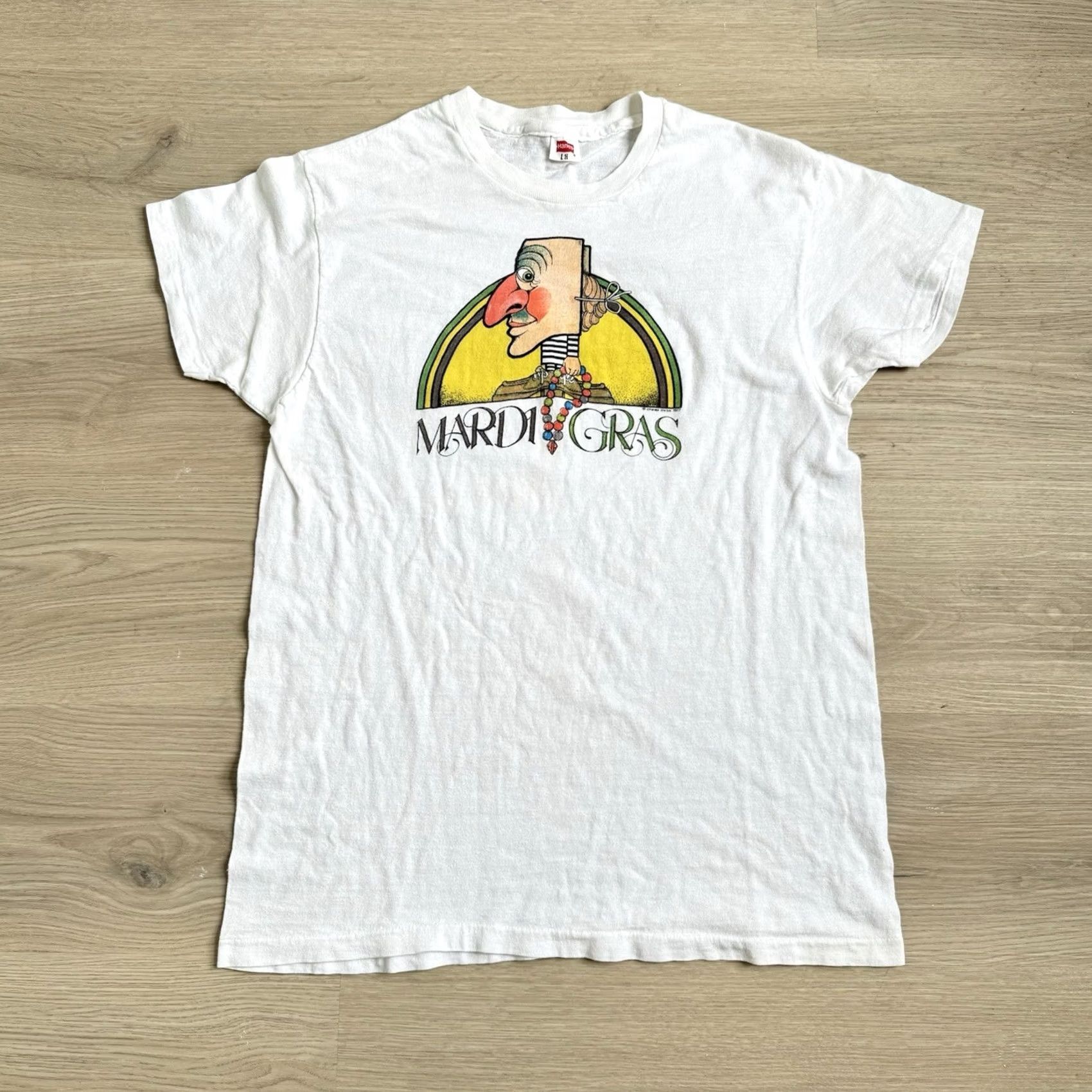 Hanes VINTAGE Hanes Shirt 70s T-Shirt White Short Sleeve Crew Neck Men L United States Mardi Gras New Orleans True Vintage 1977 Ladies? Size US L / EU 52-54 / 3 - 2 Thumbnail