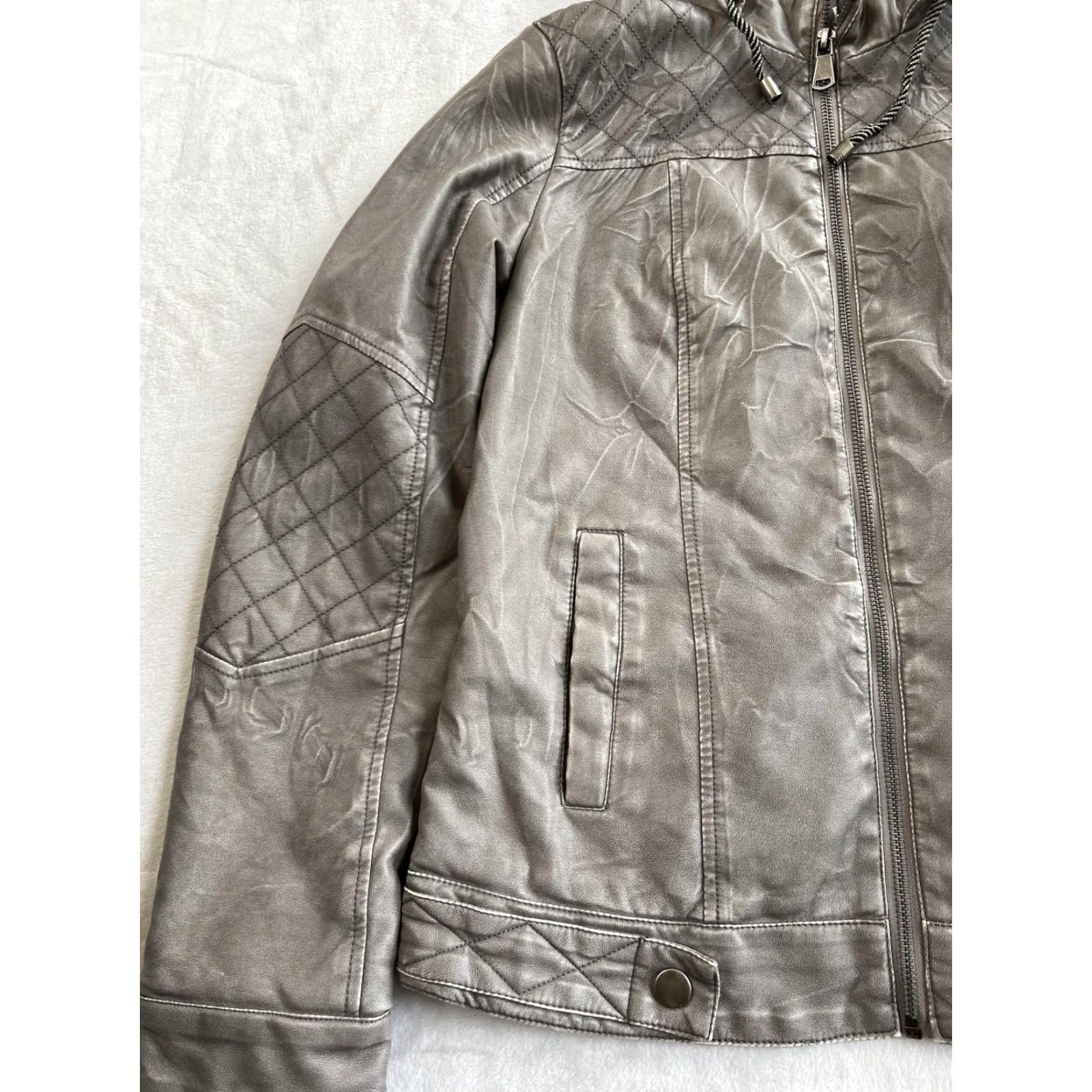 BKE BKE Jacket Women’s Medium Gray Faux Leather Hooded Quilted Moto Size M / US 6-8 / IT 42-44 - 2 Thumbnail
