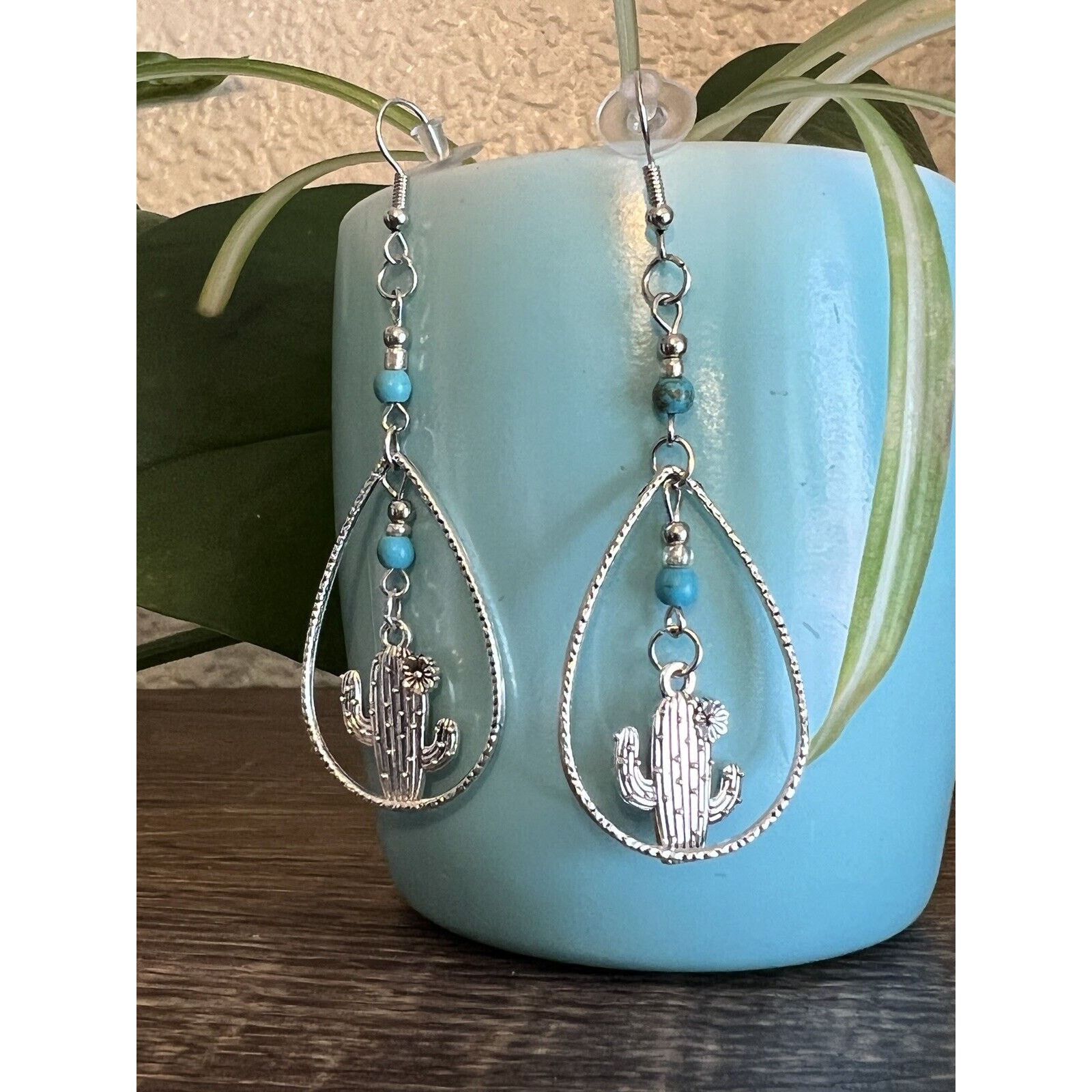 Other Silver Tone Earrings with Turquoise Glass Beads with Cactus Size ONE SIZE - 1 Thumbnail