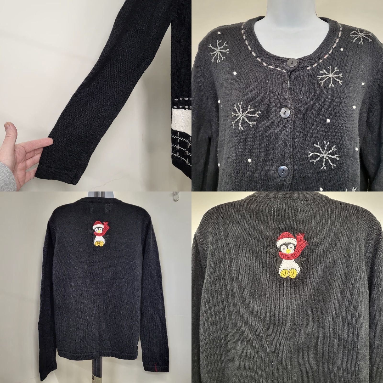 Vintage VINTAGE White Stag Cardigan Womens Large Black Winter Penguin Snowflake Knit Casual Cardigan Winter Snowflake Penguin 80s 90s Christmas Retro Size L / US 10 / IT 46 - 8 Thumbnail
