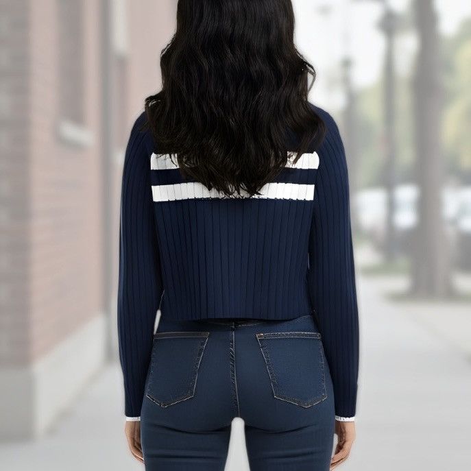 Other Cotton Emporium Women’s Blue White Zip Up Crop Sweater Sz M Size M / US 6-8 / IT 42-44 - 3 Thumbnail