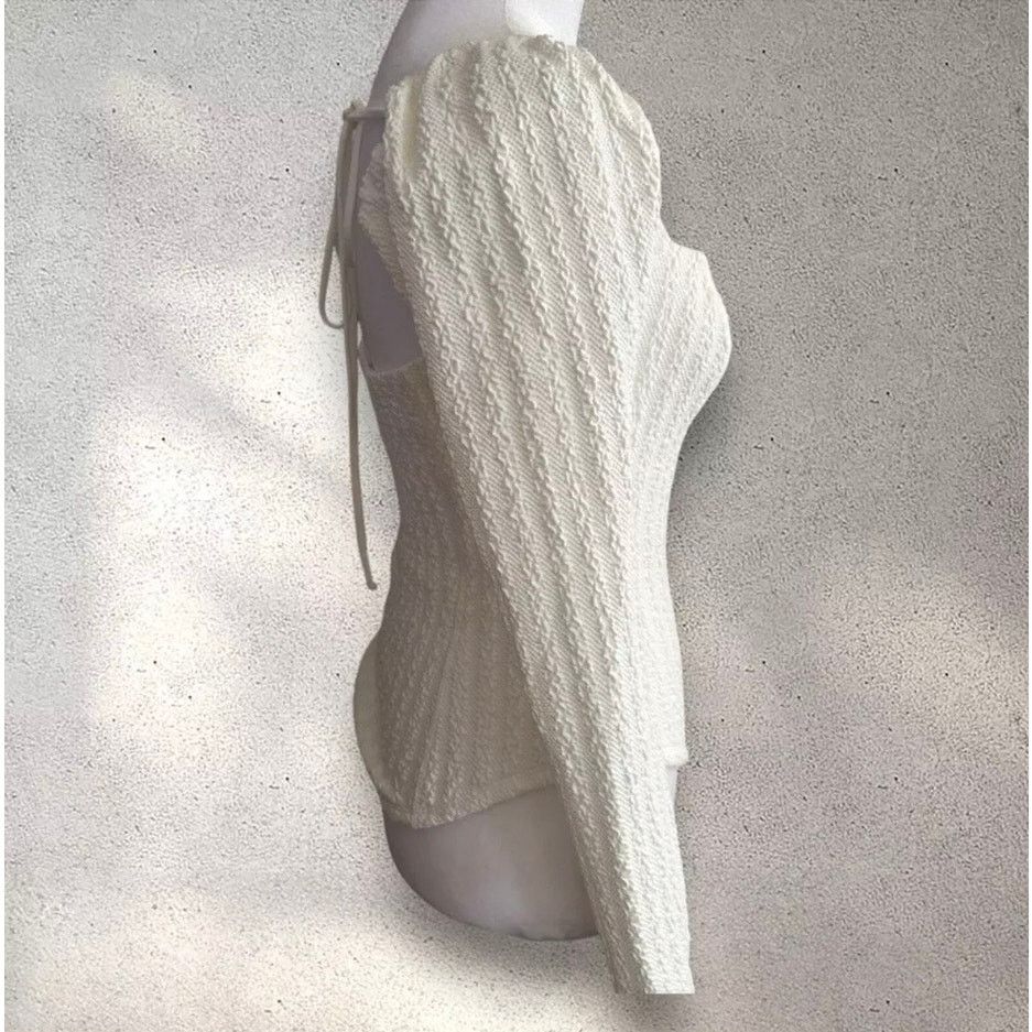 Free People NWT FREE PEOPLE Brittany White Ribbed Puff Sleeve Top Large Size L / US 10 / IT 46 - 8 Thumbnail