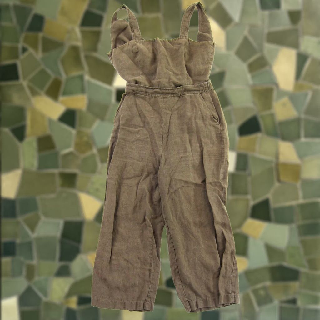 Vintage VETTA Jumpsuit 2 Piece Apron Romper Size 8 Olive Green 100% Linen Pockets Button Linen Bohemian Summer Womens Size 30" / US 8 / IT 44 - 1 Thumbnail