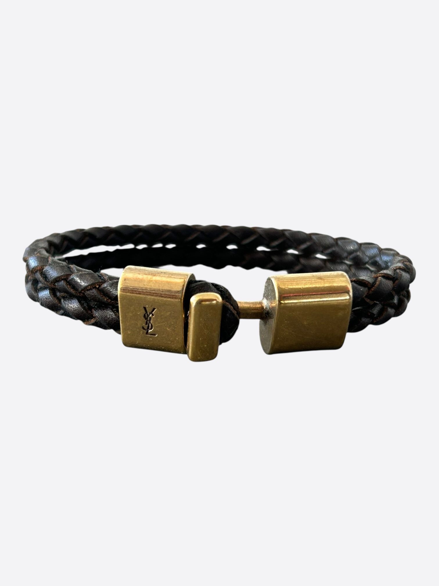 Saint Laurent Paris Saint Laurent Dark Brown & Gold Braided Leather Bracelet Size ONE SIZE - 2 Thumbnail