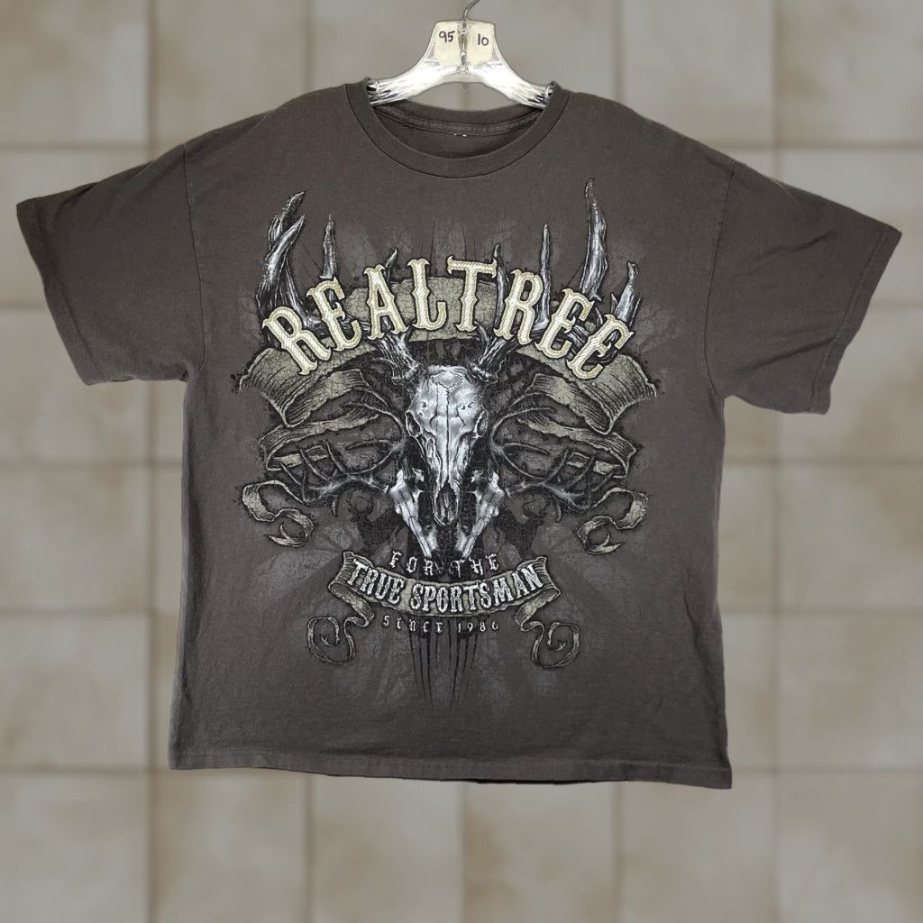 Realtree VINTAGE Realtree T-Shirt Mens Short Sleeve Crew Neck Gray Medium Oversized Skull Bones Graphic Print 90s Y2K Real Tree MMA UFC Machine Washable Cotton Size US M / EU 48-50 / 2 - 1 Thumbnail