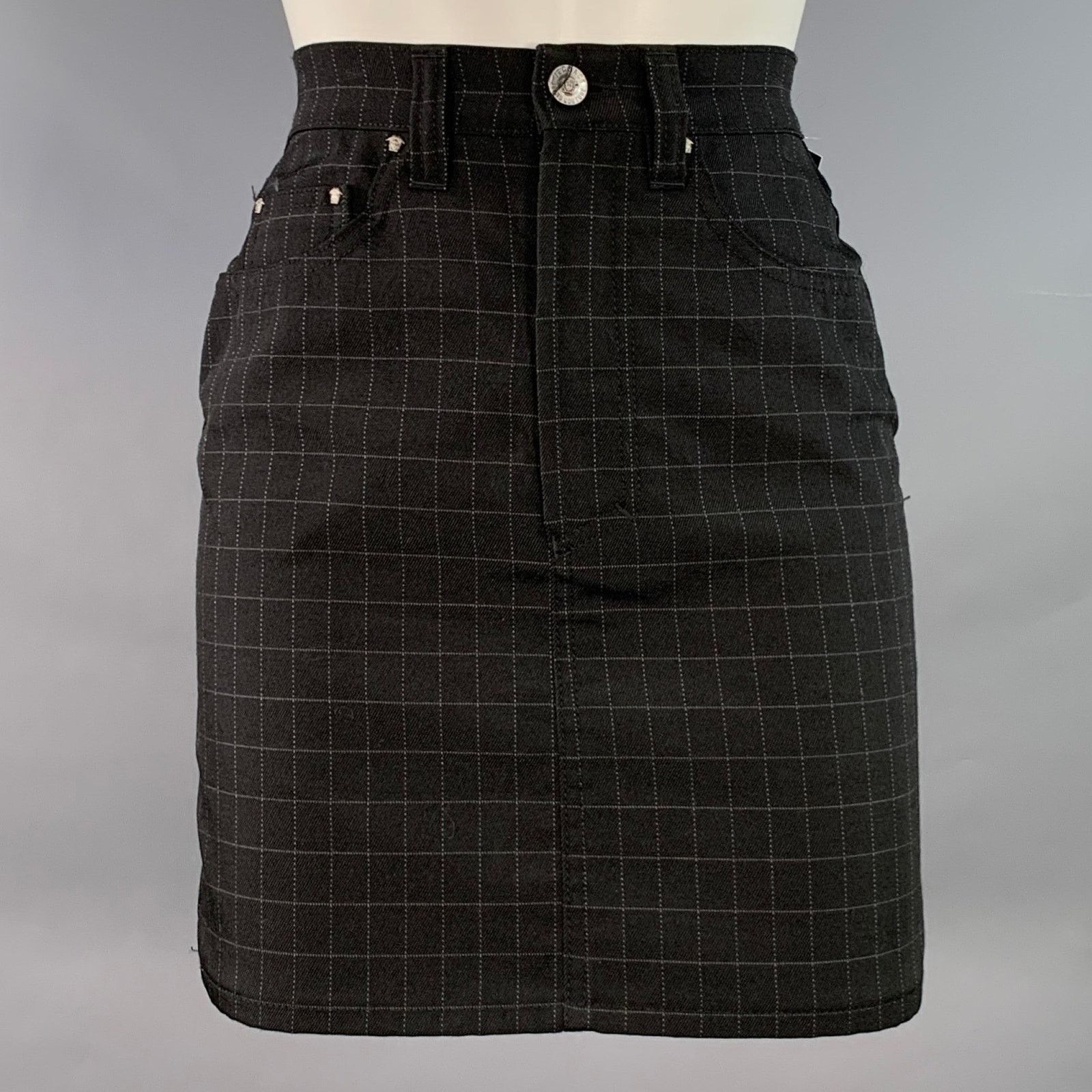 Versace Size 24 Black Grey Wool Blend Windowpane A-Line Mini Skirt Size 24" / US 00 / IT 34 - 1 Thumbnail