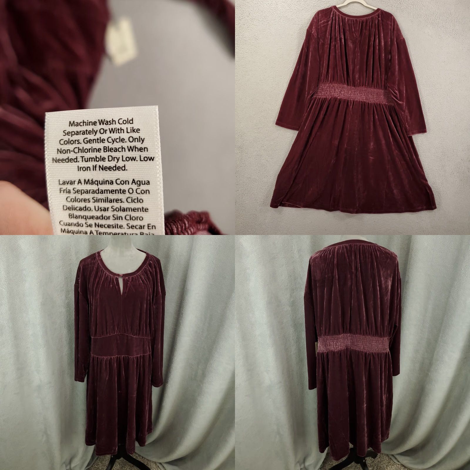 Vintage Terra & Sky Velour Dress 2X Burgundy Red Knee Length A-Line Long Sleeve NWT Womens Plus Size Size XXL / US 16-18 / IT 52-54 - 8 Thumbnail