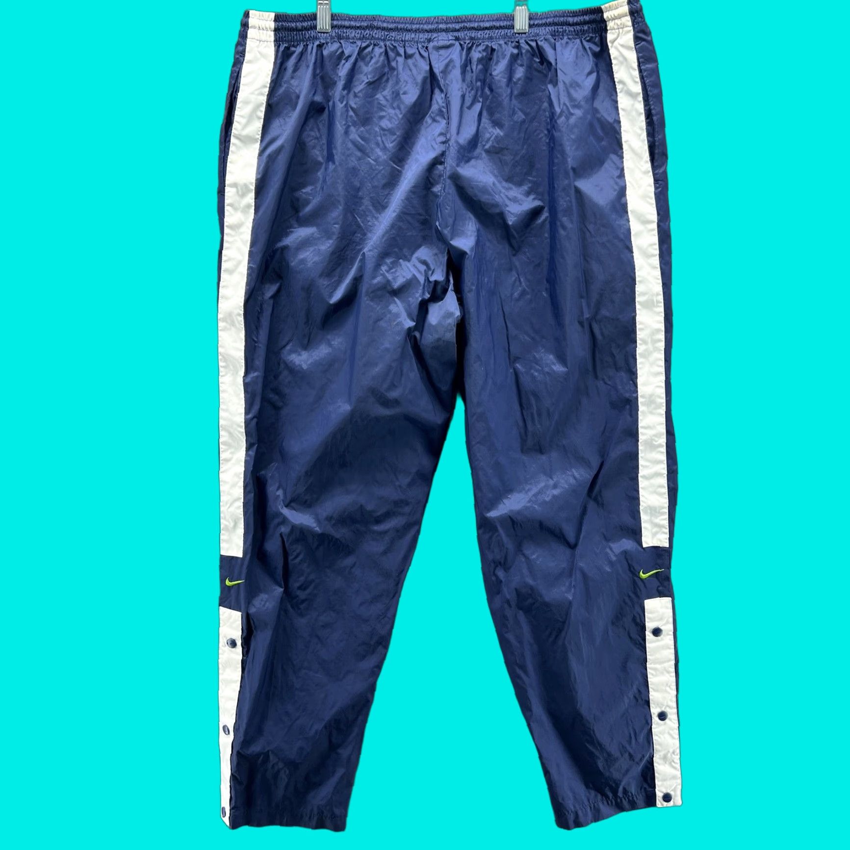 Nike VINTAGE Nike Pants Mens 2XL Blue Nylon Track 90s Side Stripe Athletic Lightweight Elastic Waist 31 Inseam Mens Size US 39 - 1 Thumbnail