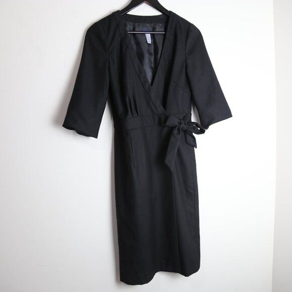 J.Crew J.Crew Black 100% Wool 3/4 Sleeve Belted Wrap Bodycon Dress Size S / US 4 / IT 40 - 1 Thumbnail