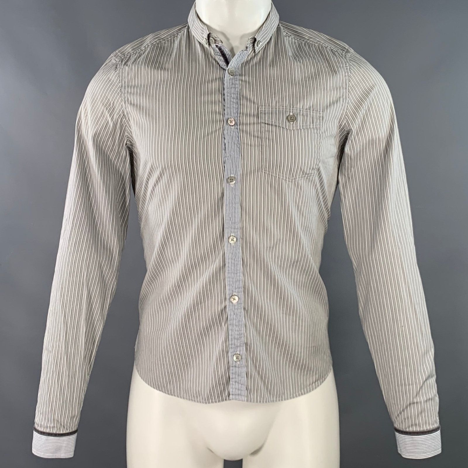 Burberry Prorsum Size S White Grey Stripe Cotton One Pocket Long Sleeve Shirt Size US S / EU 44-46 / 1 - 1 Thumbnail