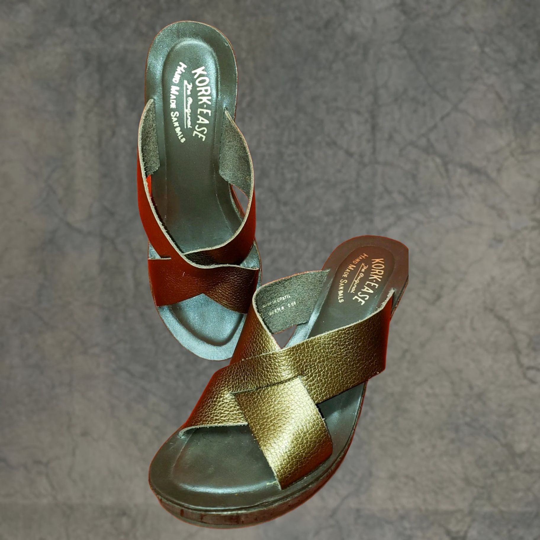 Vintage KORK-EASE Geena Women's Wedge Slide Sandals Slips-on Leather Bronze 8M High 3" Cork Size US 8 / IT 38 - 1 Thumbnail