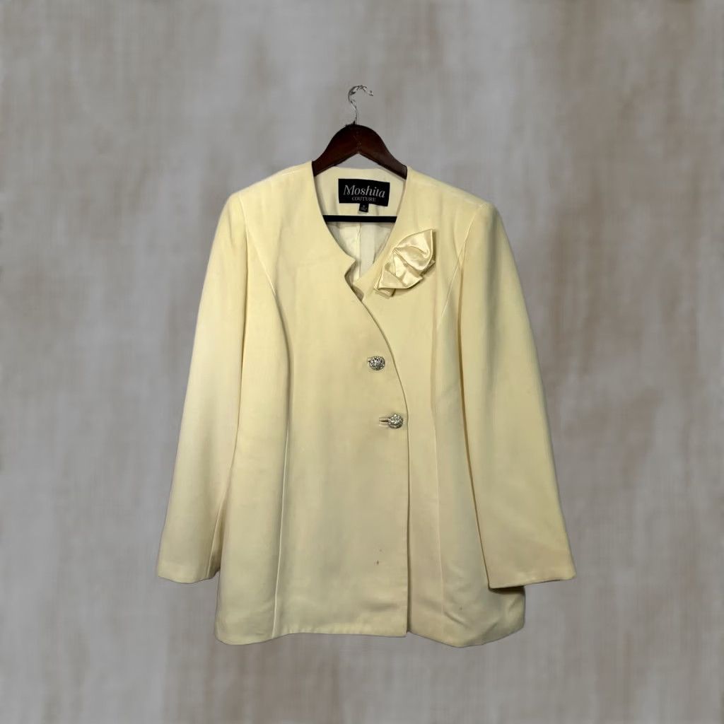 Vintage Moshita Couture Women's Blazer Jacket Beige 16 Long Sleeve Cotton Satin Embellishment Crystal Buttons Medium Length Formal Business Men/Women Size XXL / US 16-18 / IT 52-54 - 1 Thumbnail