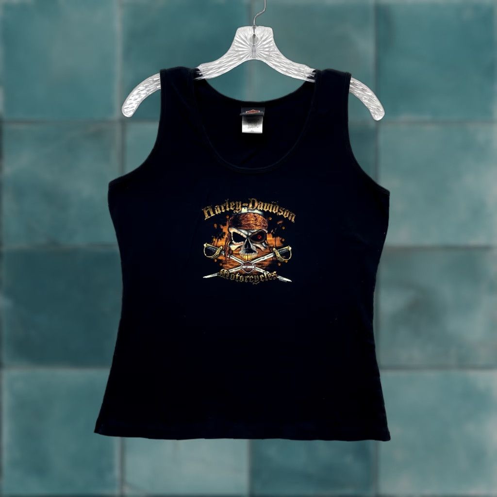 Harley Davidson VINTAGE Harley-Davidson Tank Top XL Black Pirate Graphic Rhinestone Maine Y2K History Size XL / US 12-14 / IT 48-50 - 1 Thumbnail