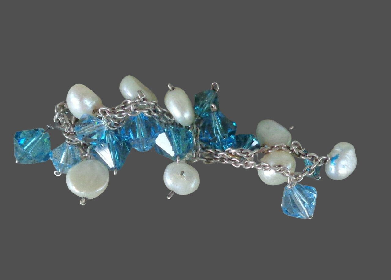 Other Blue Beaded Pearl Dangle Bracelet 925 Sterling Silver Chain Size ONE SIZE - 3 Thumbnail