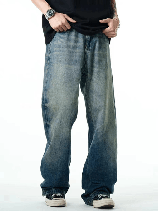 Japanese Brand Blue washed distressed men's American oversized jeans Size US 32 / EU 48 - 3 Thumbnail