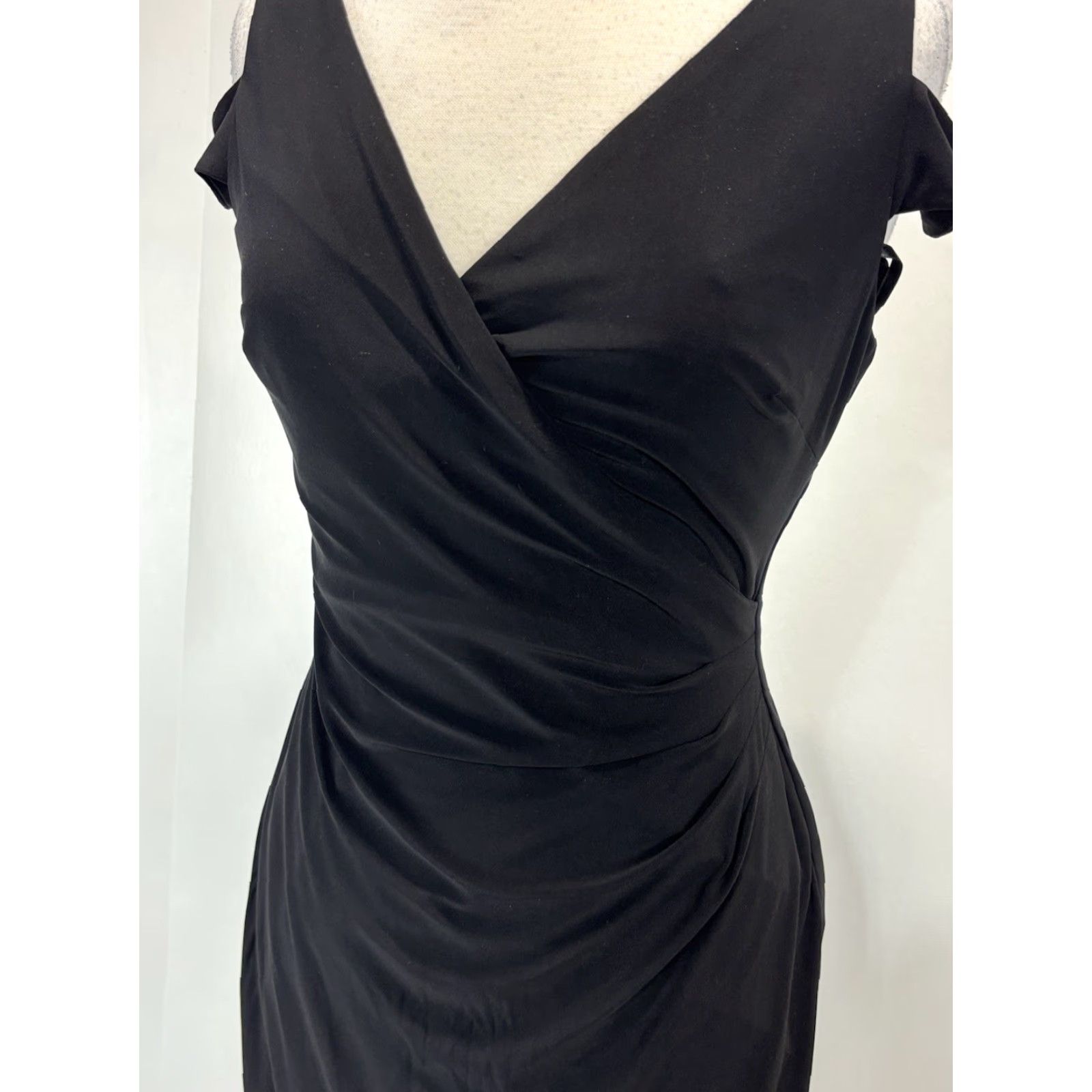 Lauren Ralph Lauren Faux Wrap Dress Sz 8p Petite Black Ruched Side Open  Shoulder