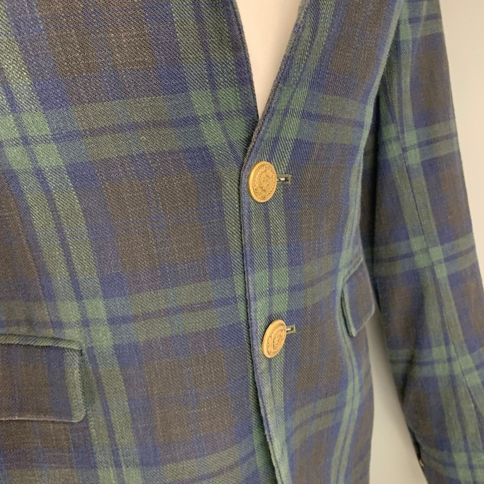 Dsquared2 Size 36 Navy Green Blackwatch Plaid Cotton Sport Coat Size 36R - 2 Thumbnail