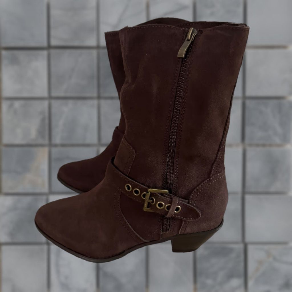 Diane Gilman Brown Suede Western Ankle Boots Womens 7.5W Studded Boho Riding Boots Mid Calf Block Heel Casual