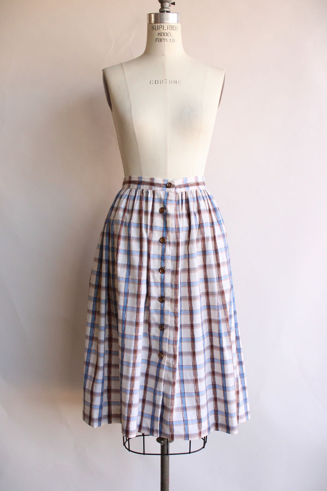 Vintage Vintage 1960s 1970s Skirt, Plaid Blue and Brown Check Tartan Size 30" / US 8 / IT 44 - 2 Thumbnail