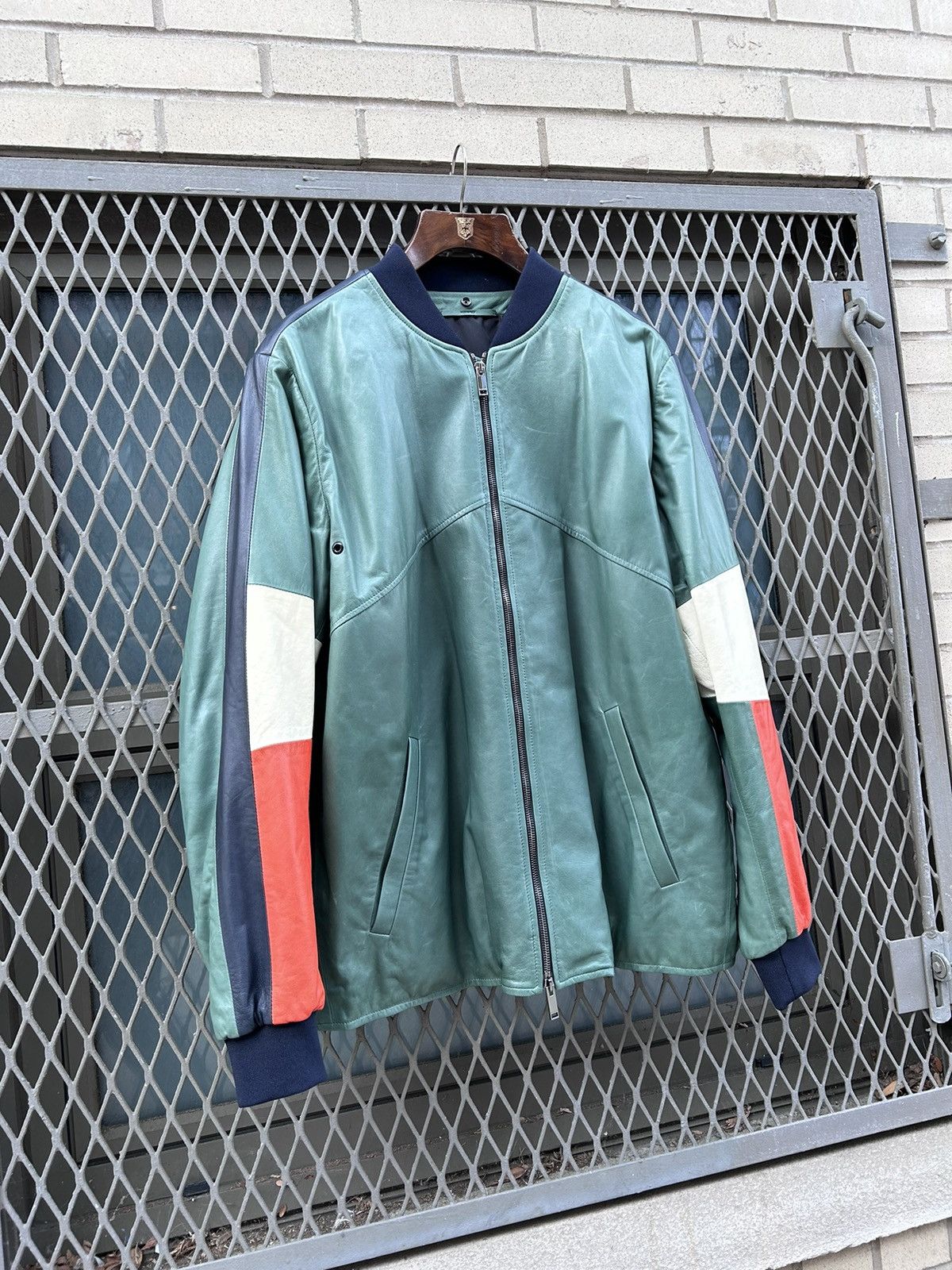 Image of Valentino - Beautiful Colorblock Leather Bomber Jacket in Green/Orange, Men's (Size XL)