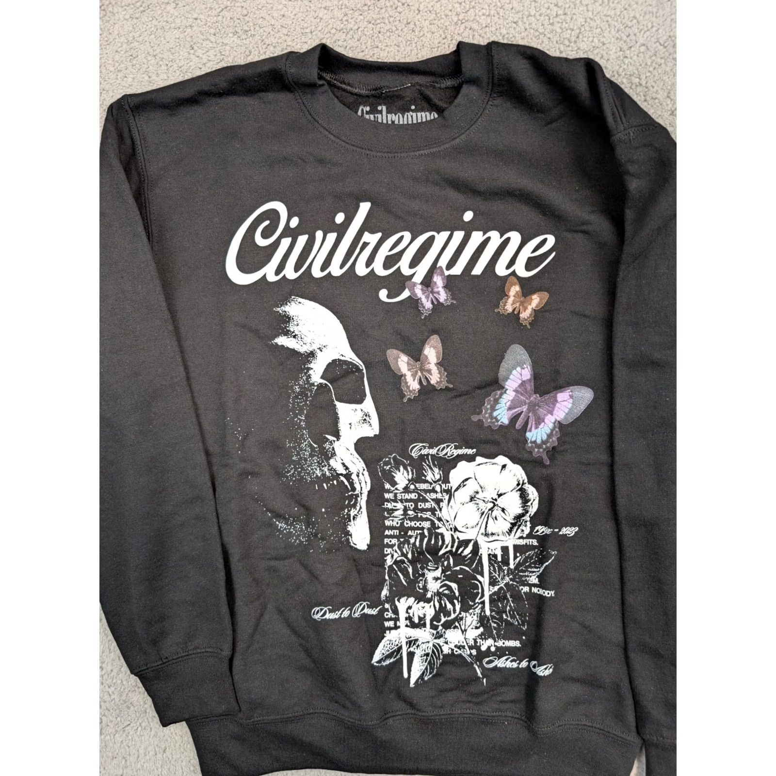 Vintage Civil Regime Sweater Mens Small Black Skull Floral Butterflies New Size US S / EU 44-46 / 1 - 2 Thumbnail