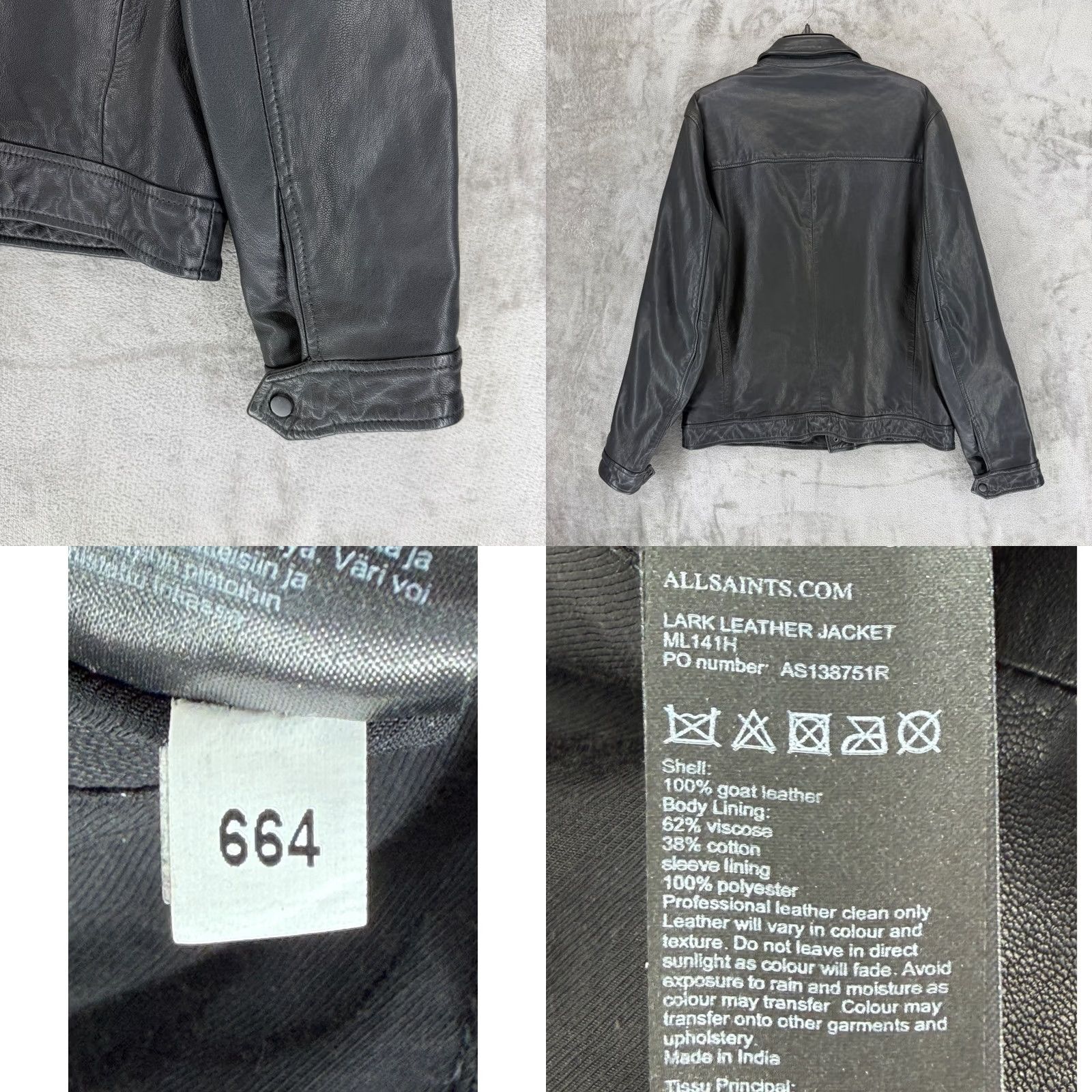 Allsaints AllSaints Lark Leather Jacket Mens L Black Goat Leather Full Zip ML141H Size US L / EU 52-54 / 3 - 9 Thumbnail