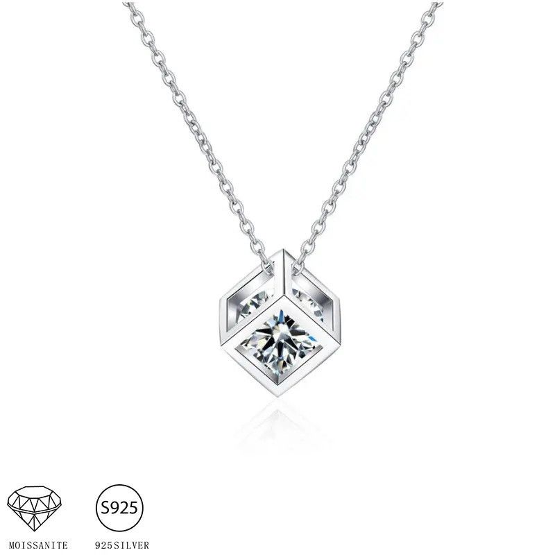 Jewelry 925 Sterling Silver 1 Carat Moissanite Rubik's Cube Necklace Size ONE SIZE - 2 Thumbnail