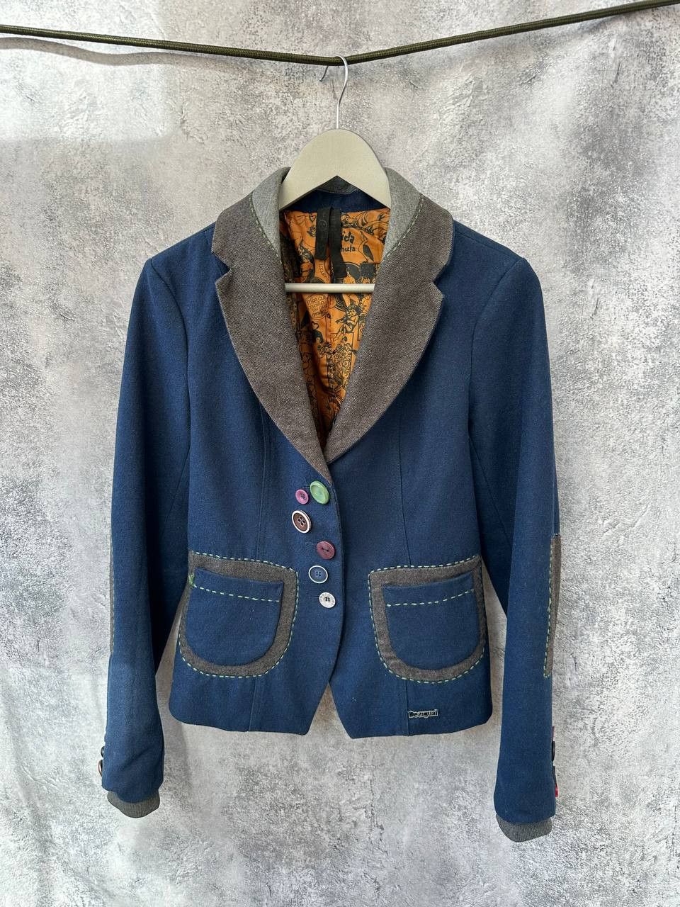 Desigual × Vintage Desigual Patchwork Wool Blazer Navy Blue with Graphic Lining Size XS / US 0-2 / IT 36-38 - 2 Thumbnail