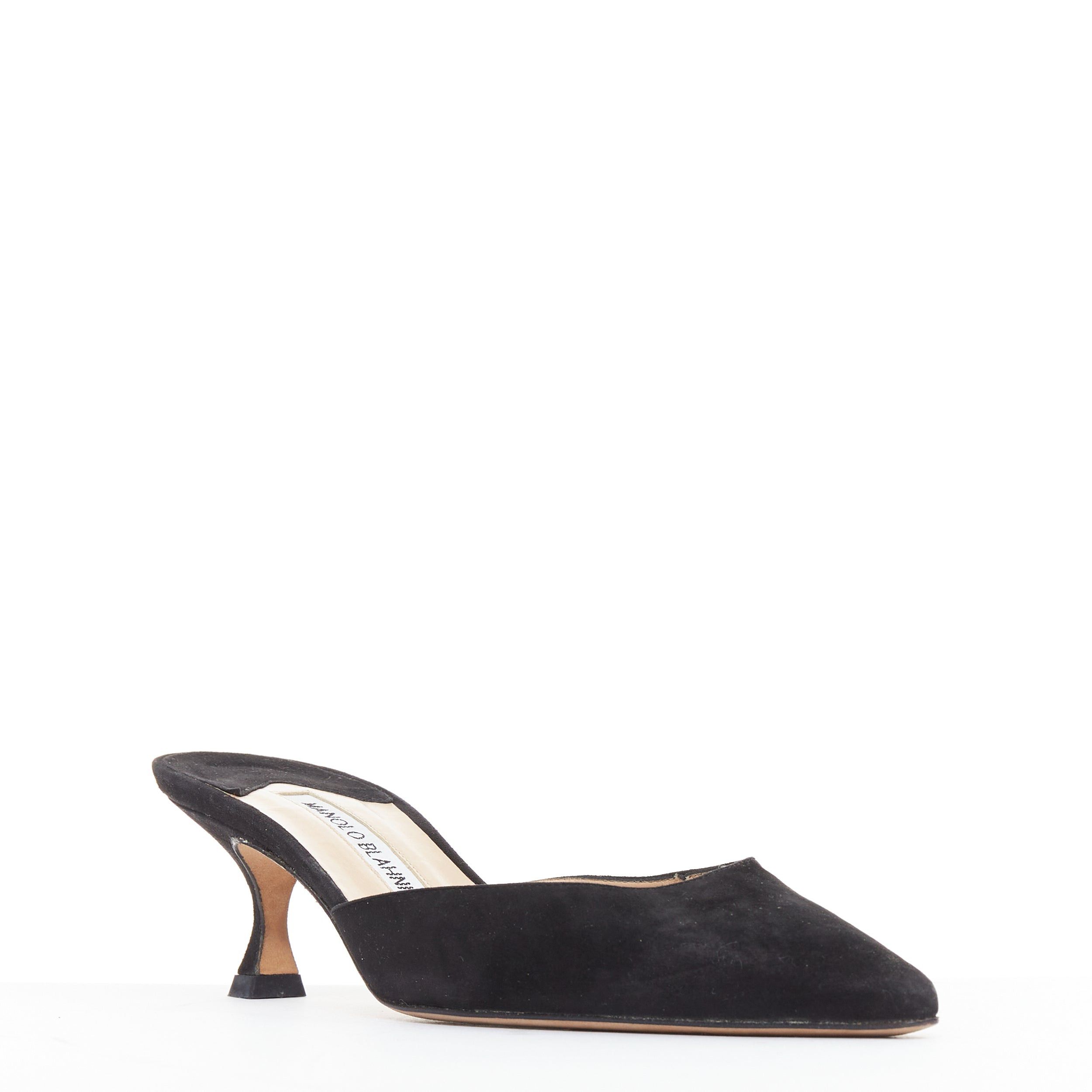 Manolo Blahnik Black Suede Leather Pointy Kitten Spool Low Mule Shoess Eu36 Shoes, Women's