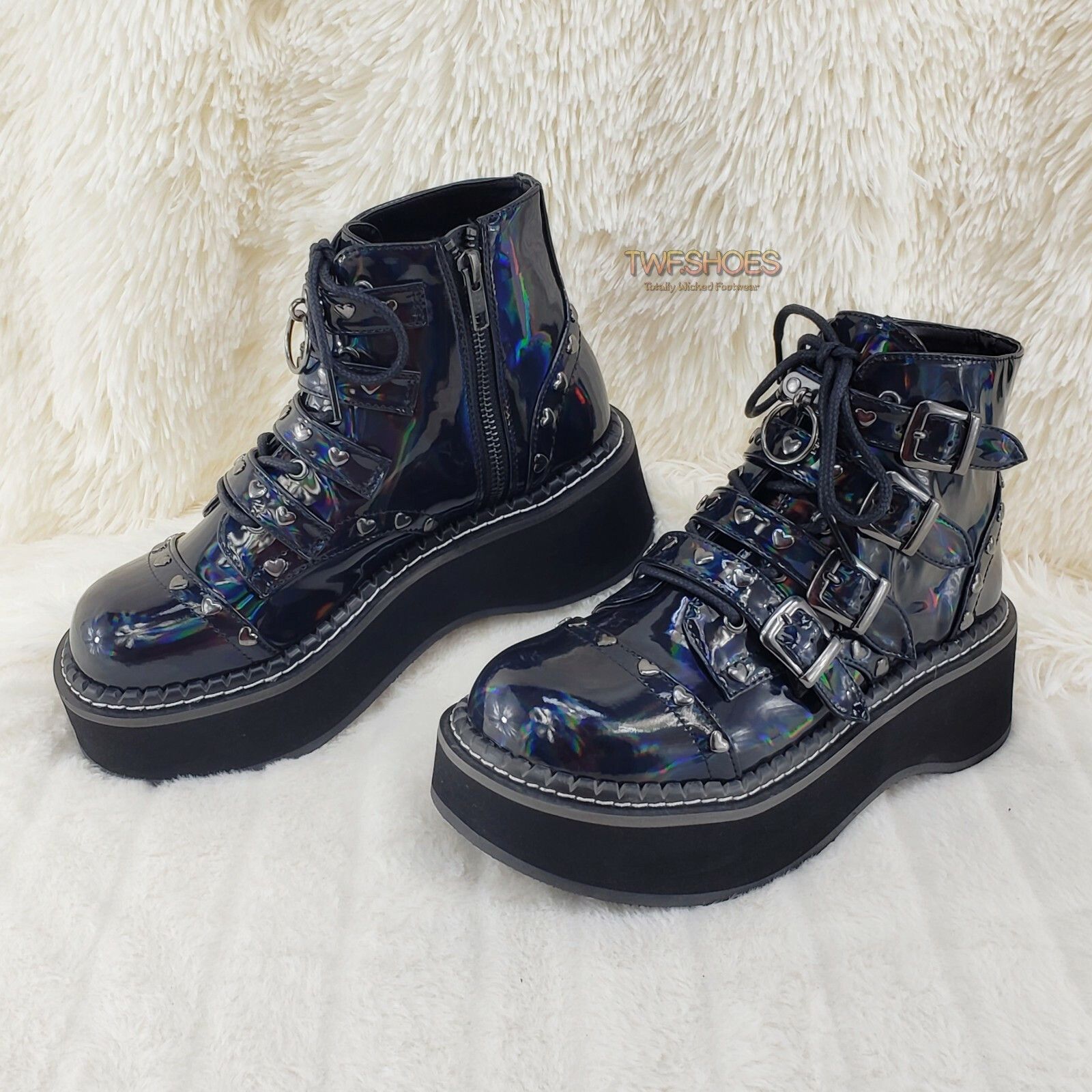 Demonia Cult DEMONIA Emily 315 Black Holo Patent Heart Stud Platform Ankl Size US 6 / IT 36 - 3 Thumbnail