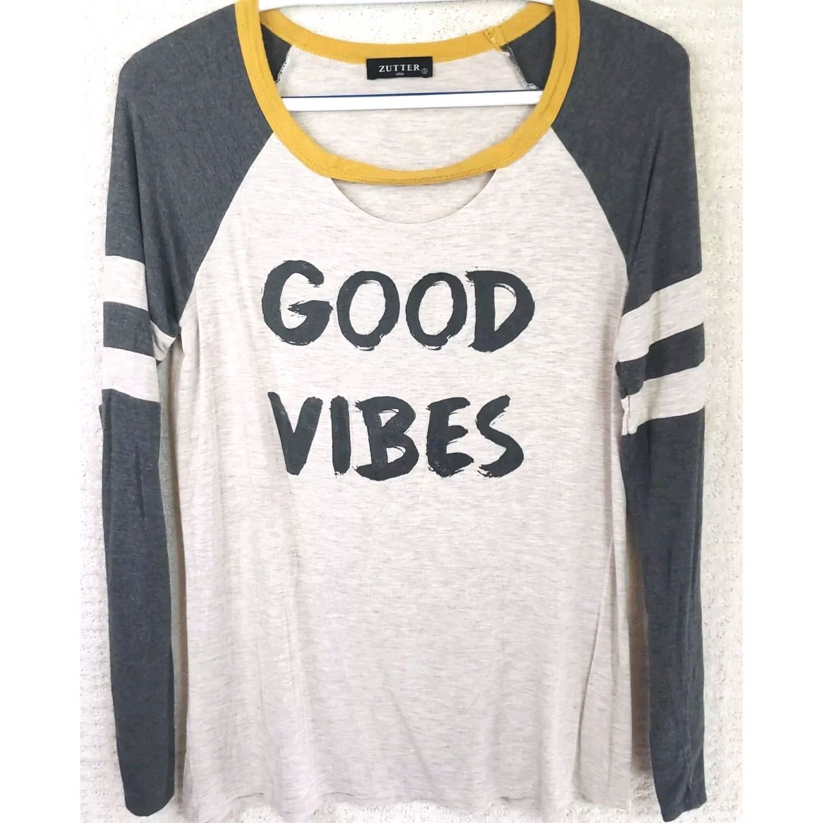 Vintage Zutter USA S White Gray Yellow baseball T-shirt top "Good Vibes" Women's Size S / US 4 / IT 40 - 2 Thumbnail