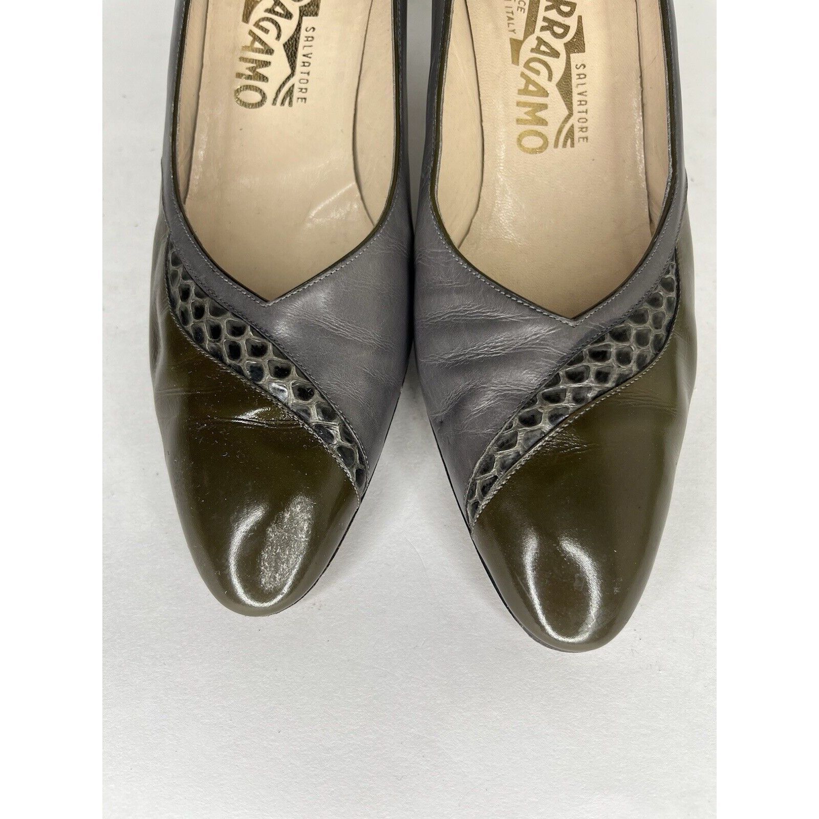 Salvatore Ferragamo Salvatore Ferragamo Gray Leather Green Dress Heels Women’s S Size US 10 / IT 40 - 8 Thumbnail
