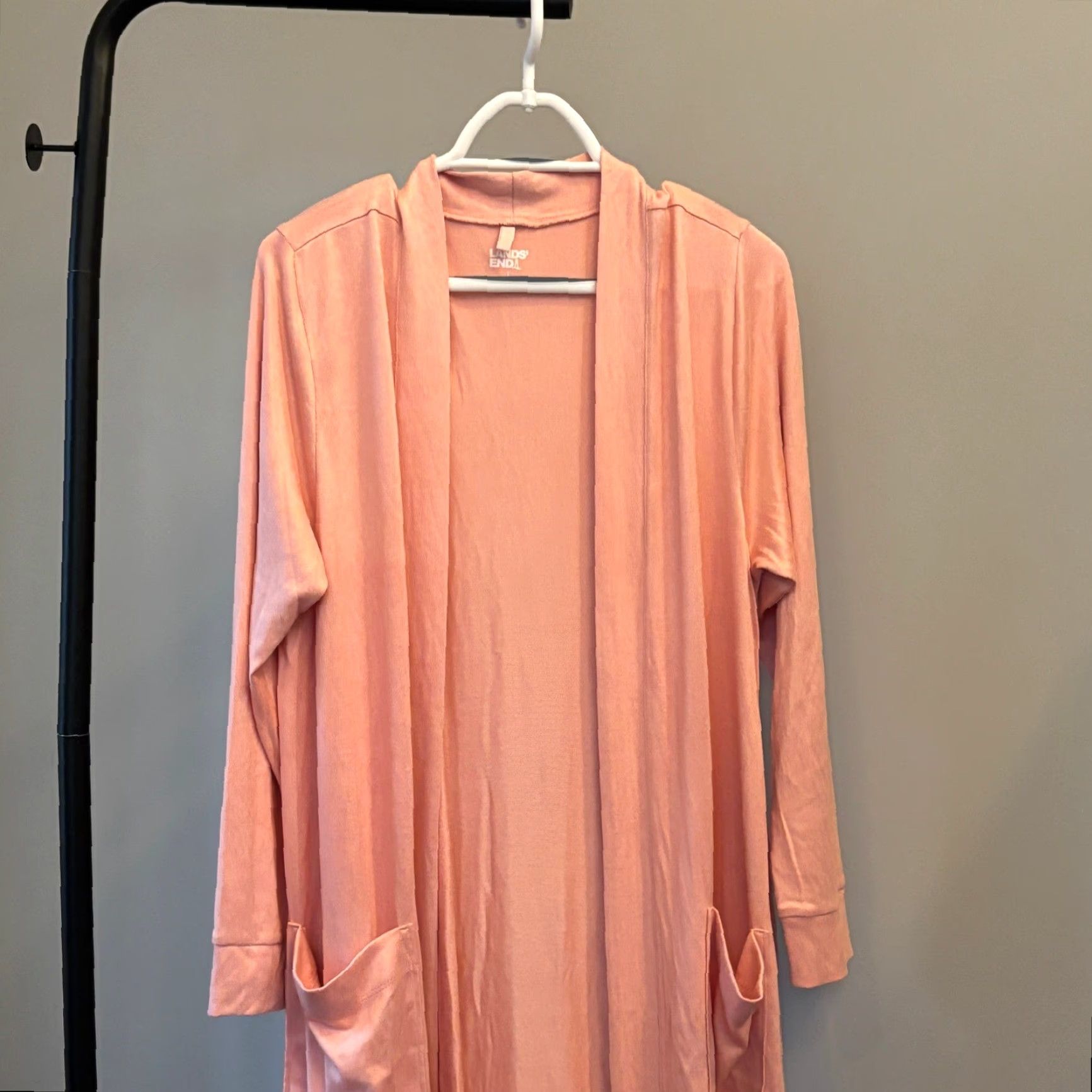 Lands' End Lands' End Cardigan Duster Knit Open Front Long Sleeve Pink Coral - Belted Pockets - Women - Large Size L / US 10 / IT 46 - 2 Thumbnail