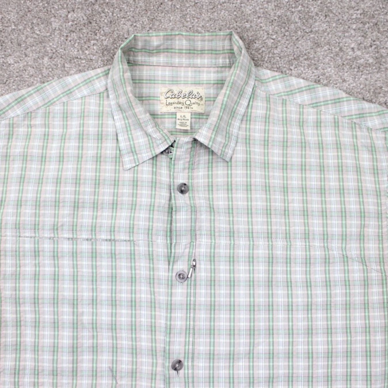 Vintage Cabela's Seersucker Shirt Mens Large Reg Green/Gray Plaid Short Sleeve Button Up Size US L / EU 52-54 / 3 - 5 Thumbnail
