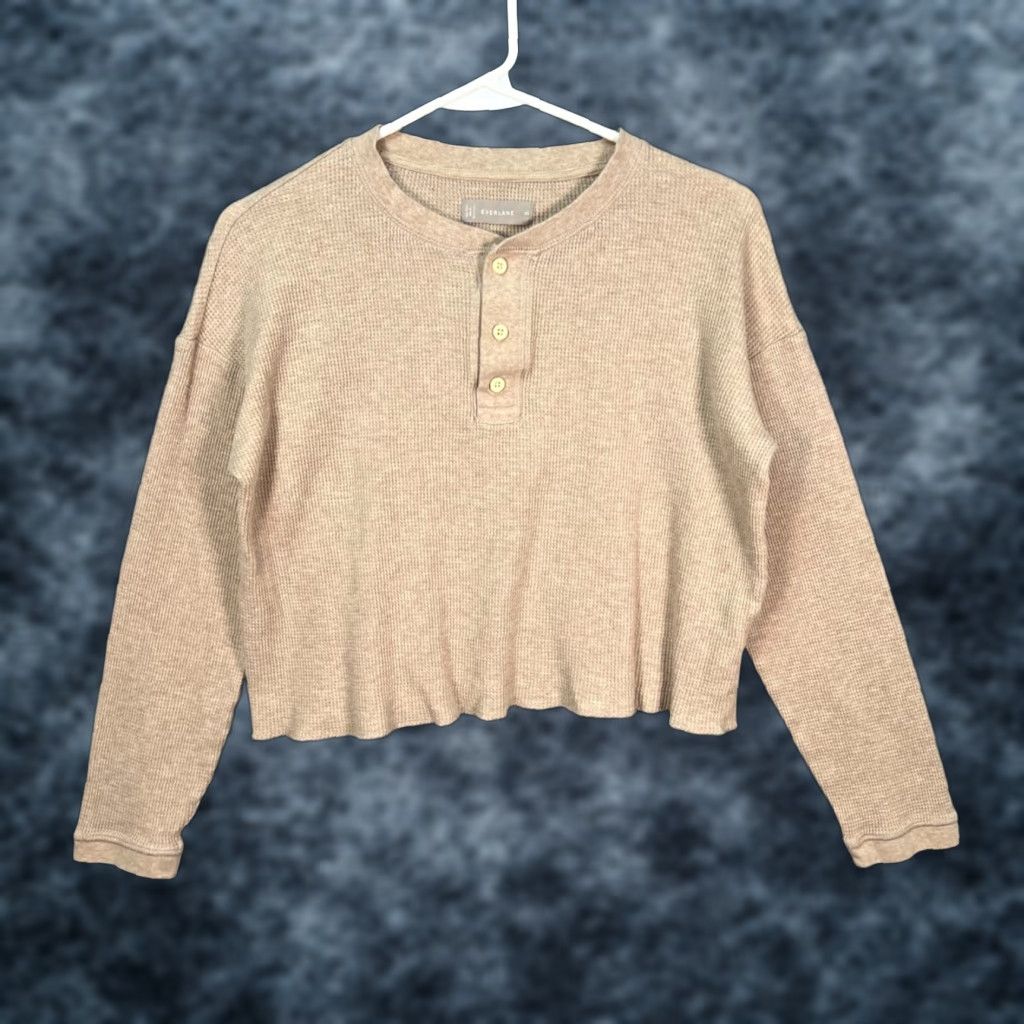 Everlane Everlane Womens XS Waffle Knit Henley Crop Top Beige Long Sleeve Shirt T-Shirt Womens Size XS / US 0-2 / IT 36-38 - 1 Thumbnail