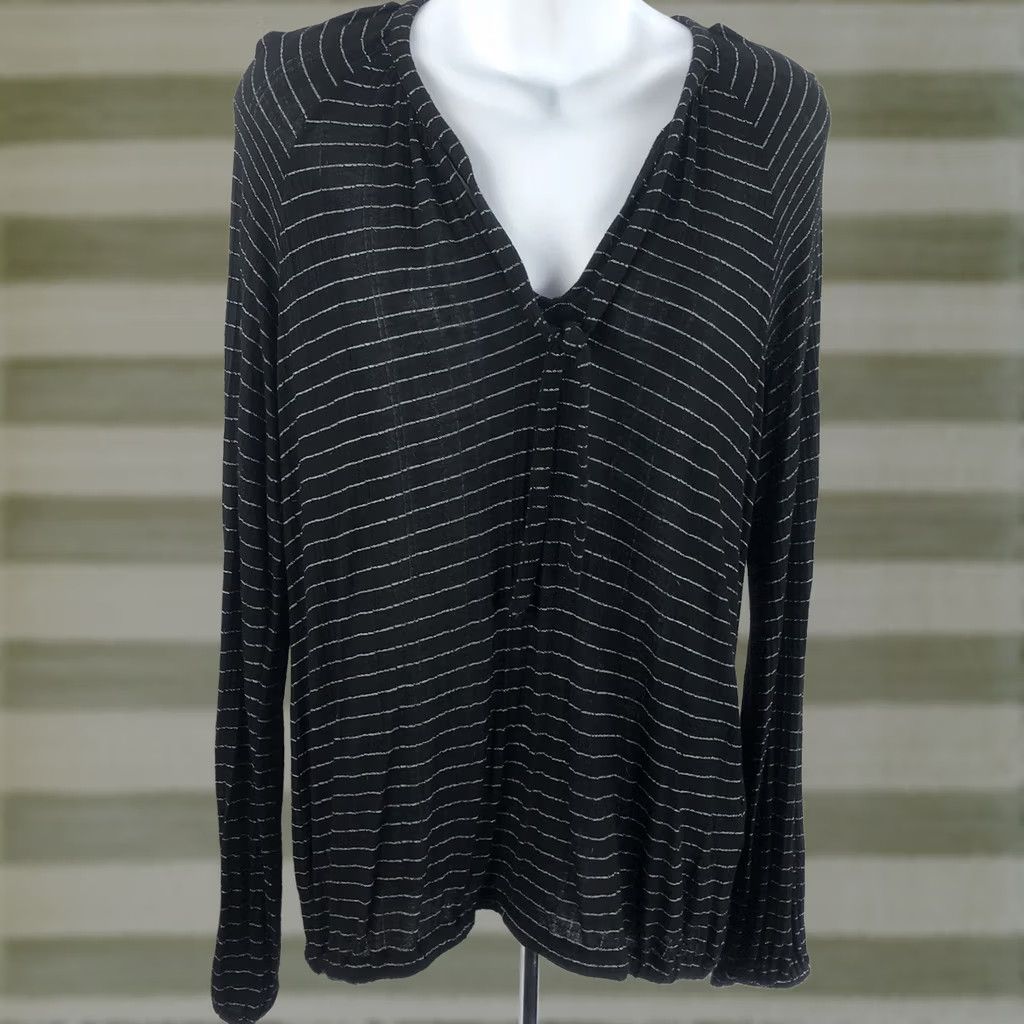 Lucky Brand Lucky Brand Top L BlkWht Stripe Tie V-Neck Balloon LongSleeve Elastic Waist 90s Y2K Womens Size L / US 10 / IT 46 - 1 Thumbnail