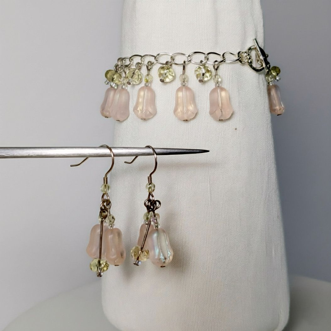 Other Tulip 7" Charm Bracelet Earrings Set Handmade Pink Czech Size ONE SIZE - 2 Thumbnail