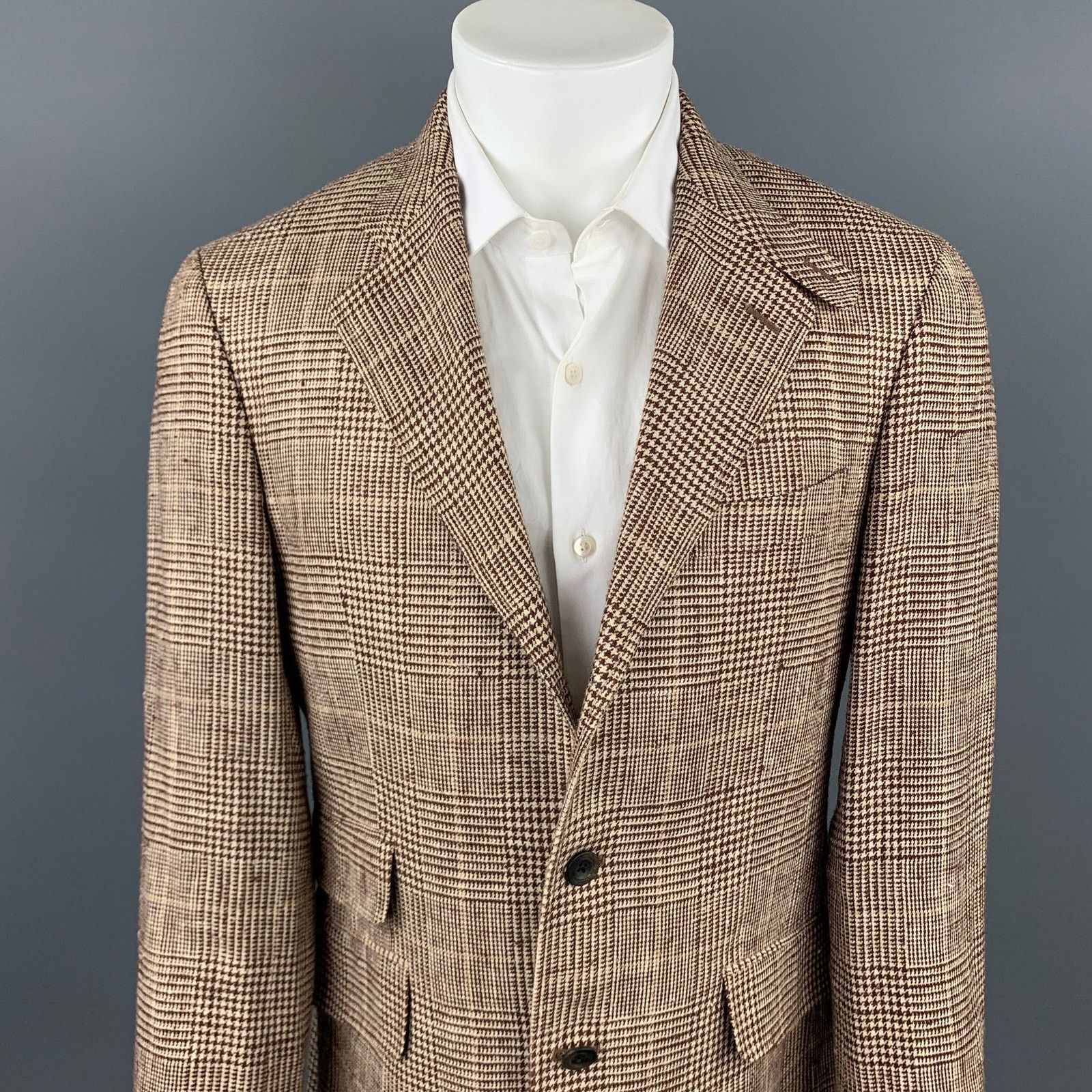 Etro Brown & Beige Plaid Silk / Linen Notch Lapel Sport Coat Size 40R - 2 Thumbnail