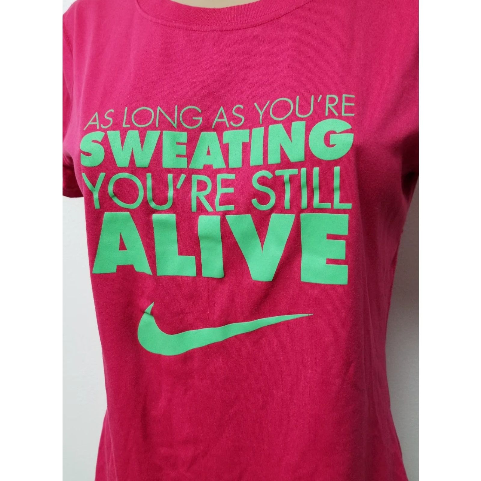 Nike Nike Dri-Fit Womens Fitness Tee S Pink and Green As Long As you're Sweating Shirt Womens S Pink and Green Nike Dri-Fit Tee Size ONE SIZE - 2 Thumbnail
