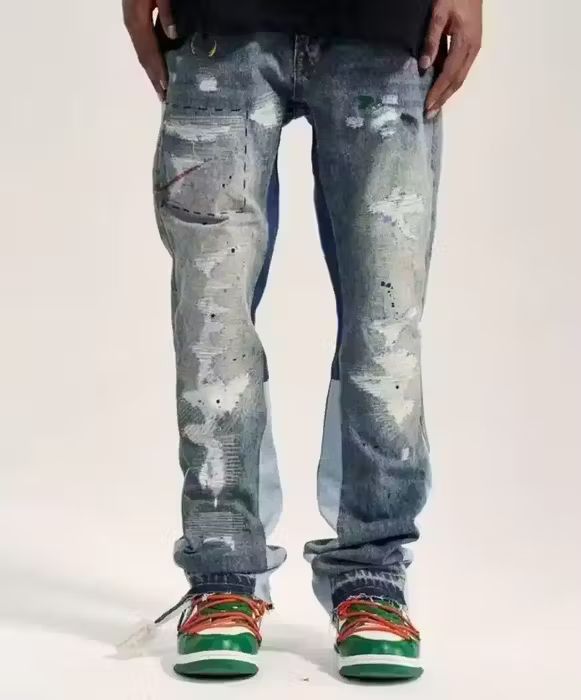 image of Vintage Streetwear Paint Splatter Flare Panel Jeans in Blue, Men's (Size 32)