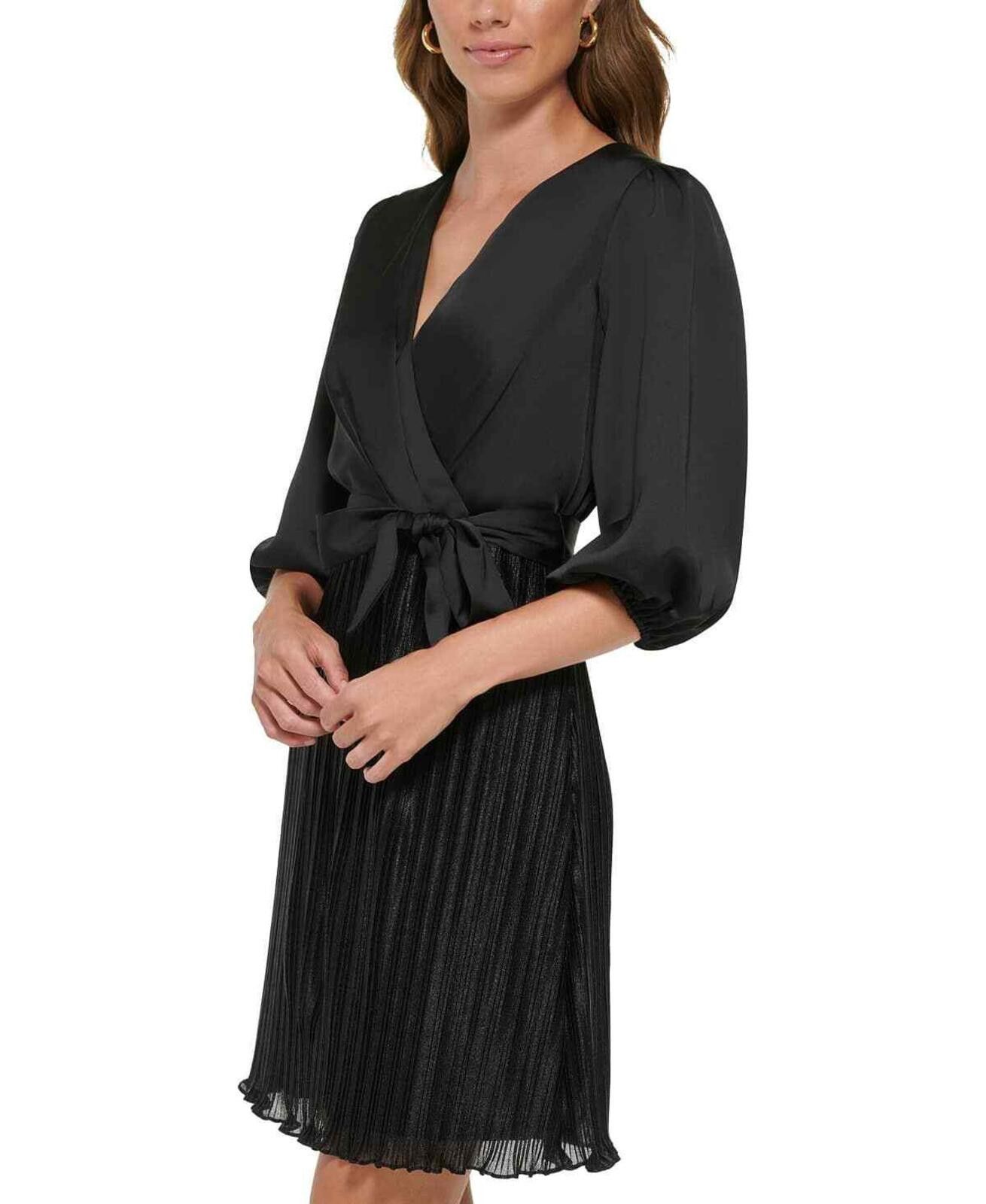 DKNY DKNY Women's Black Pleated Balloon Sleeve Faux Wrap Dress Size XL / US 12-14 / IT 48-50 - 3 Thumbnail
