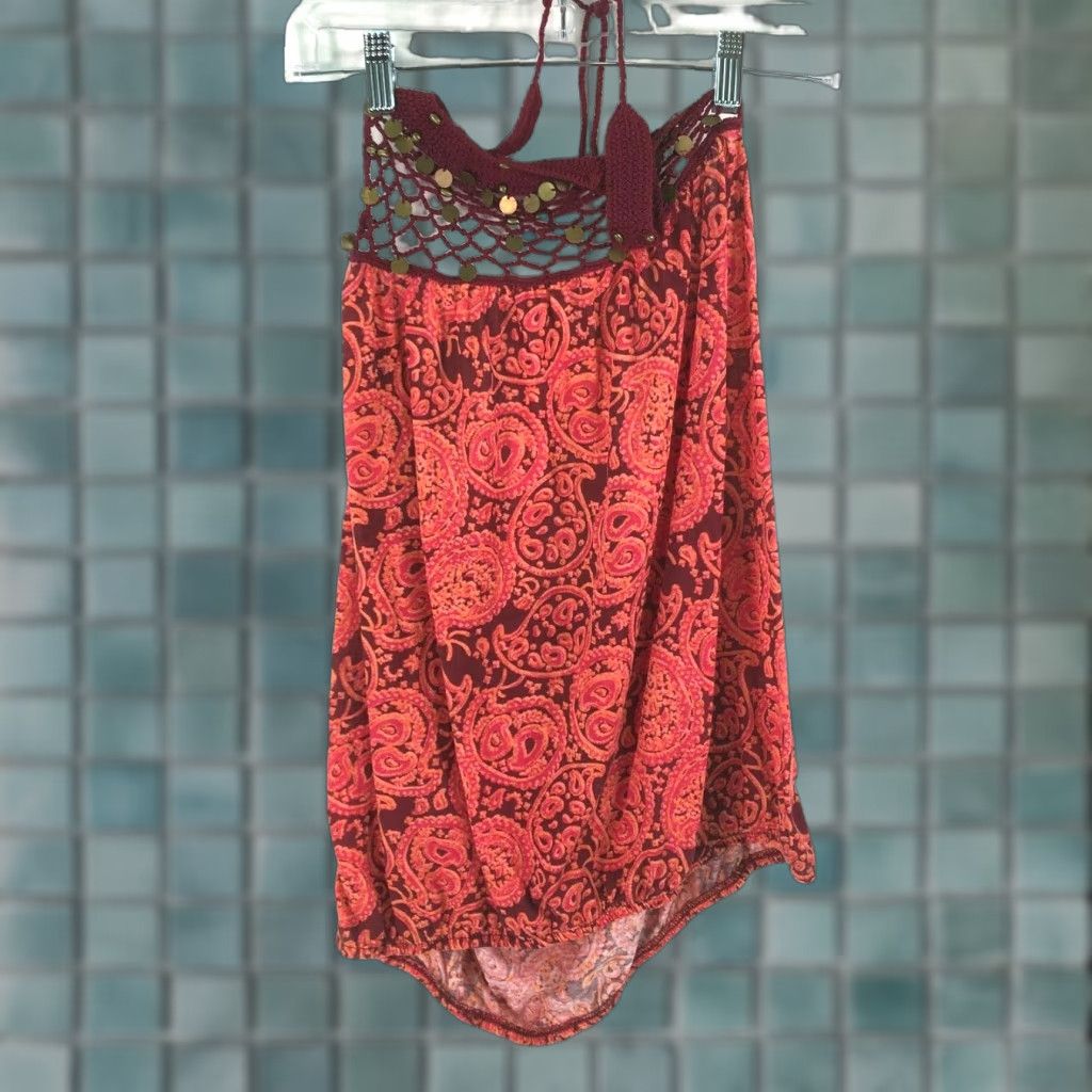 Decree Vintage Decree Women's Burgundy Paisley Print Crochet Halter Tank Top XL Size XL / US 12-14 / IT 48-50 - 1 Thumbnail