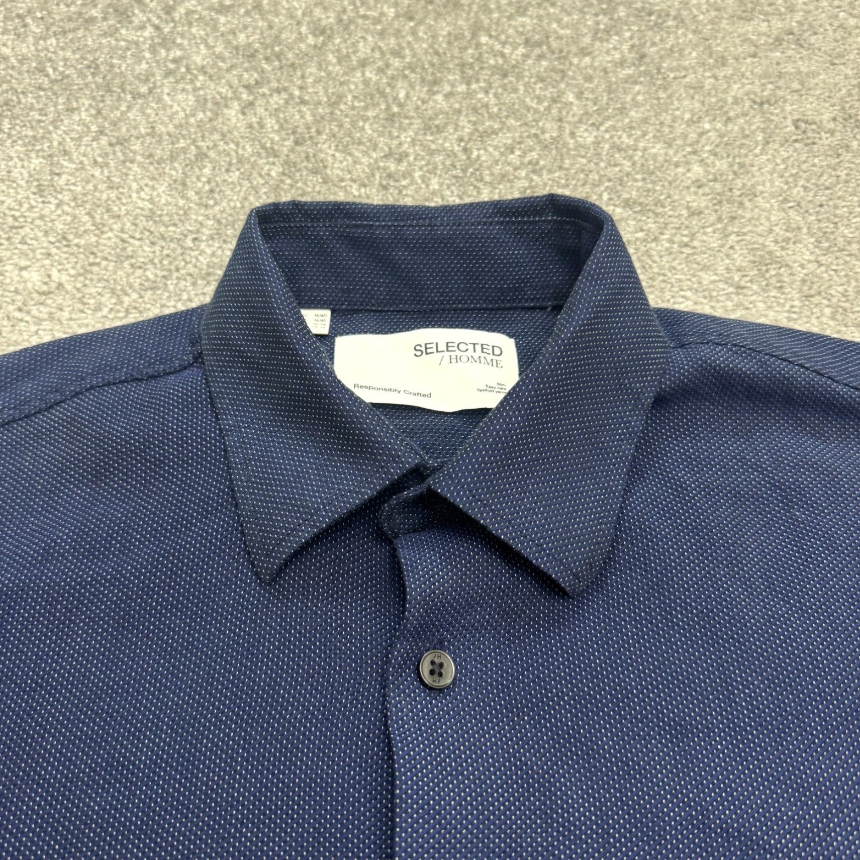 Selected Homme Selected Homme Slim Fit Dress Shirt Men M 15.5 Navy Blue Micro Dot Textured Blue Polka Dot Dress Shirt Mens Slim Casual Formal Workwear 90s? Size 40R - 3 Thumbnail