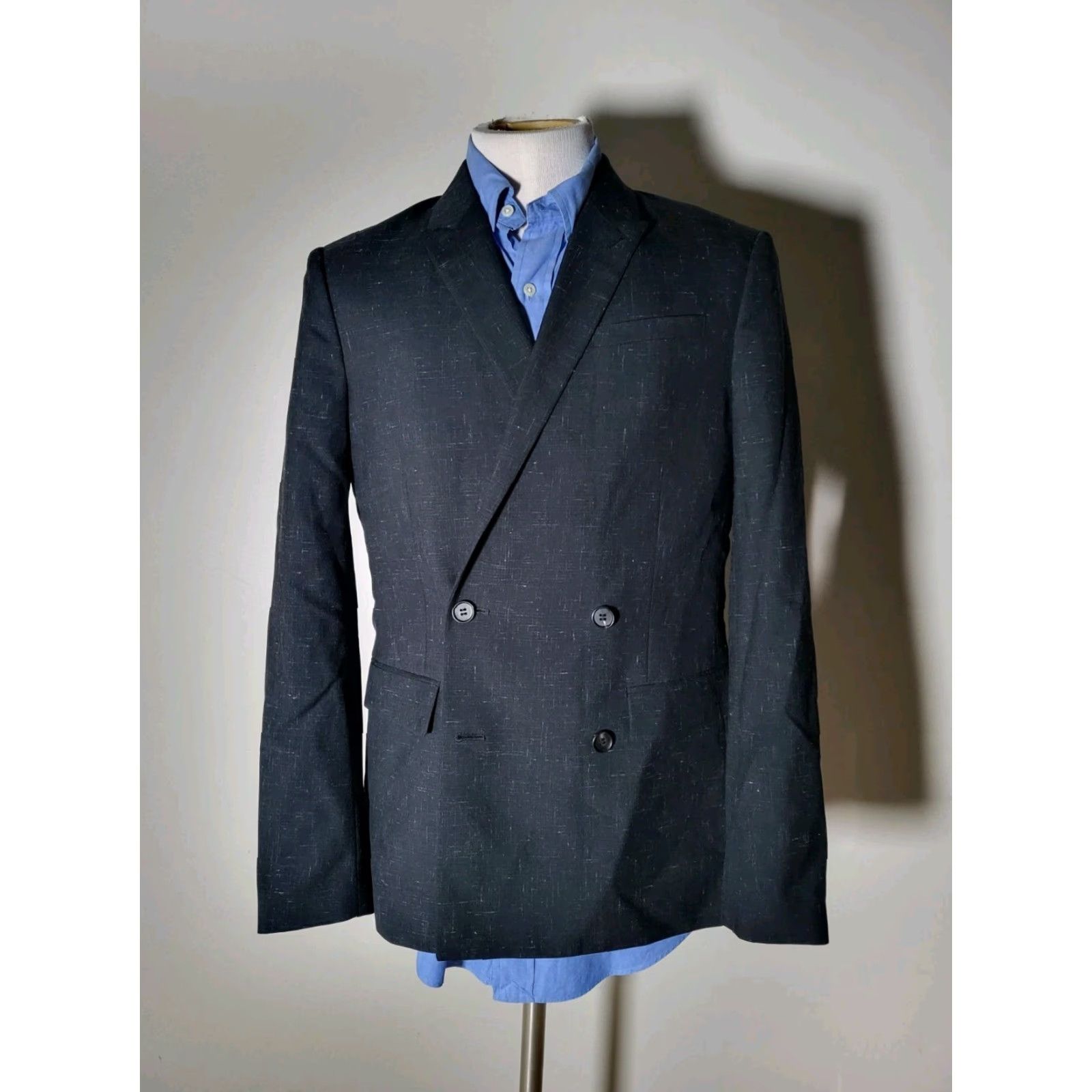 AllSaints 36R Double Breasted Blazer Jacket Coat Men Slim Wool Mohair Black Fleck Slub Peak Lapel Four-Button 360