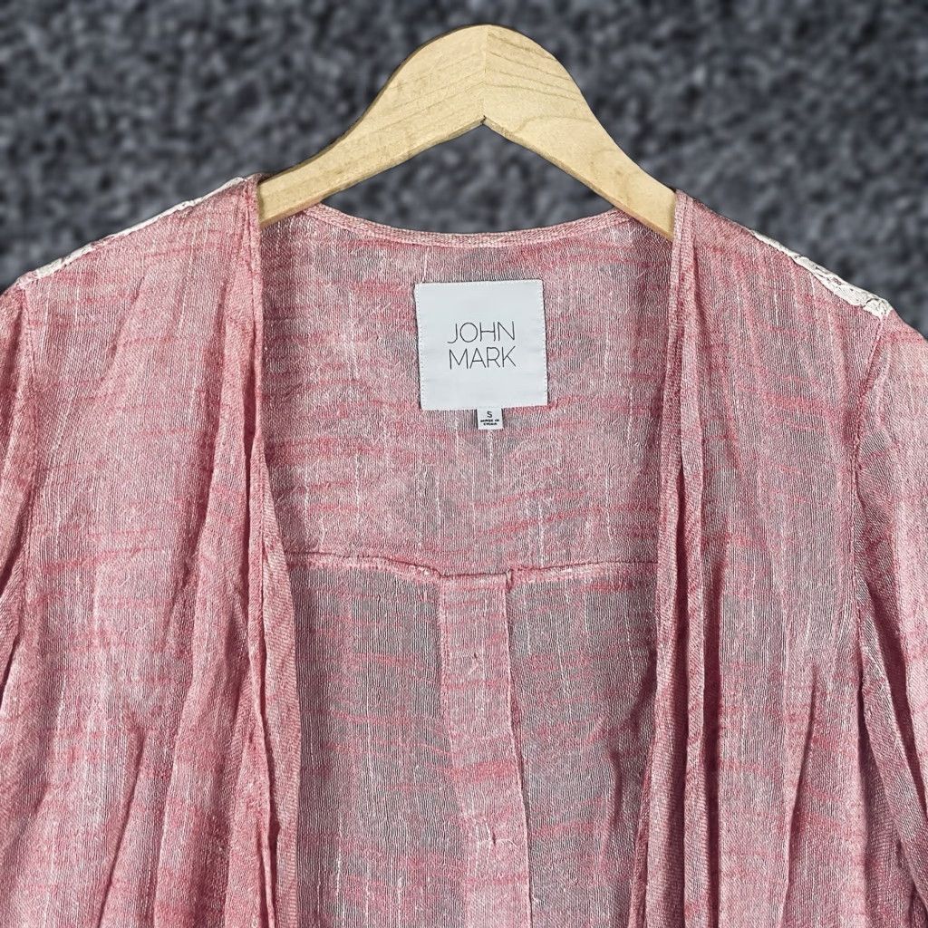 Vintage John Mark Cardigan Small Pink Linen Blend Open Front Lace 3/4 Sleeve Shawl Neckline Womens Cardigan 90s Bohemian Vintage No Size S / US 4 / IT 40 - 1 Thumbnail