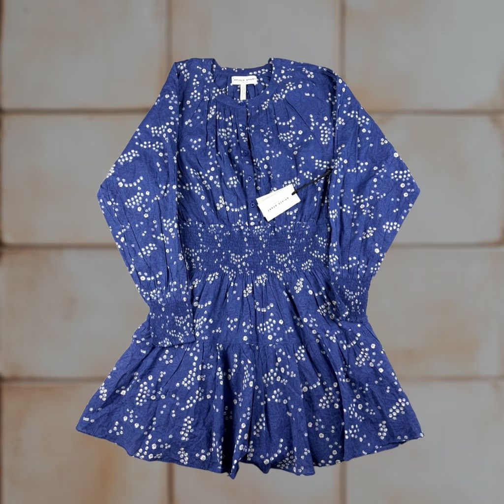 Apiece Apart Apiece Apart Dress La Ventura Mini Dress Womens S Blue Smoked Waist Boho Spots Puff Sleeve Round Neck Button Short Vintage No Size S / US 4 / IT 40 - 1 Thumbnail