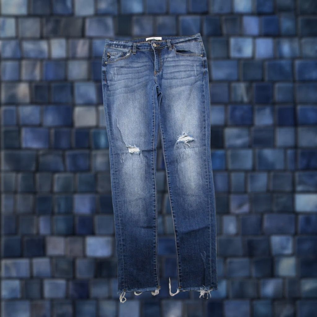 Vintage Kancan Jeans Women's Mid Rise Distressed Denim Raw Hem Stretch Blue Size 13/30 5-Pocket Jeans Womens Size 34" / US 12 / IT 48 - 1 Thumbnail